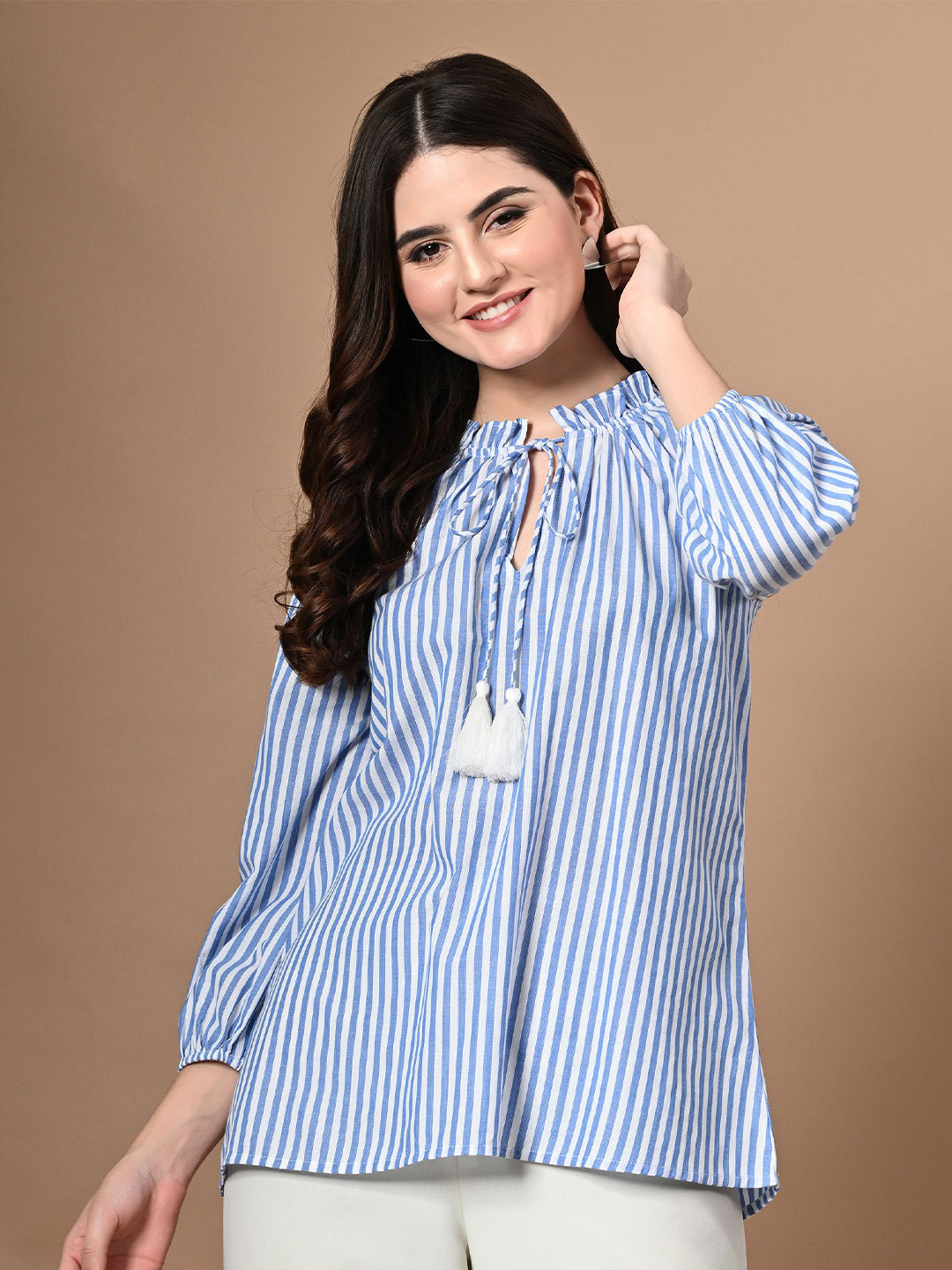 

PANDORNA Striped Mandarin Collar Top, Blue