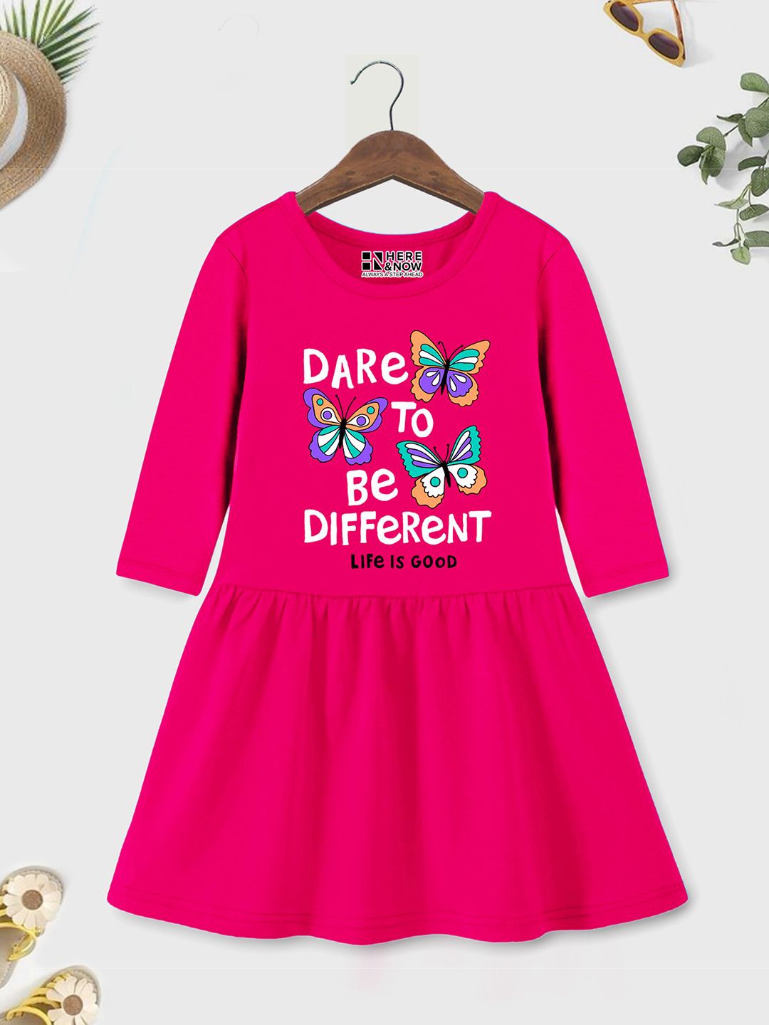 

HERE&NOW Printed Round Neck Fit & Flare Dress, Pink
