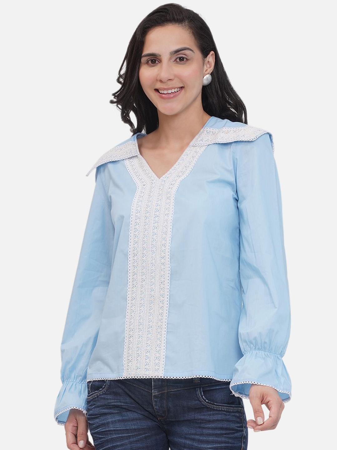 

bellamia Bell Sleeve Victorian Cotton Top, Blue