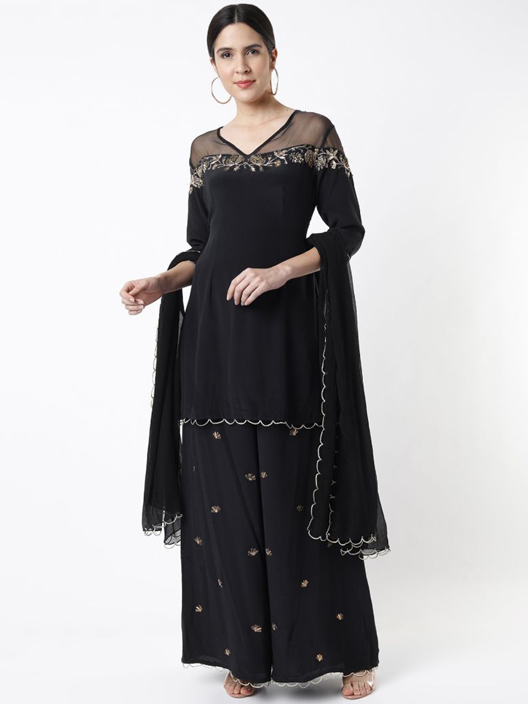 

Payal Singhal Floral Embroidered Regular Straight Kurta with Palazzos & Dupatta, Black