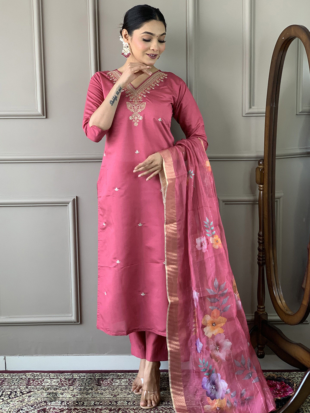 

KALINI Floral Embroidered Chanderi Silk Kurta with Trousers & Dupatta, Pink