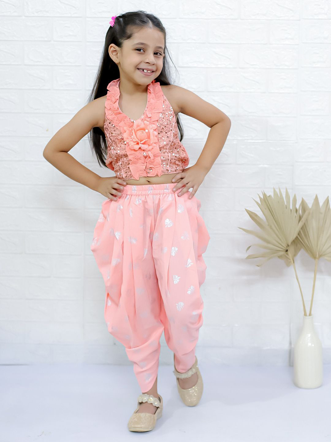 

Twisha Girls Embellished Top with Dhoti Pants, Peach