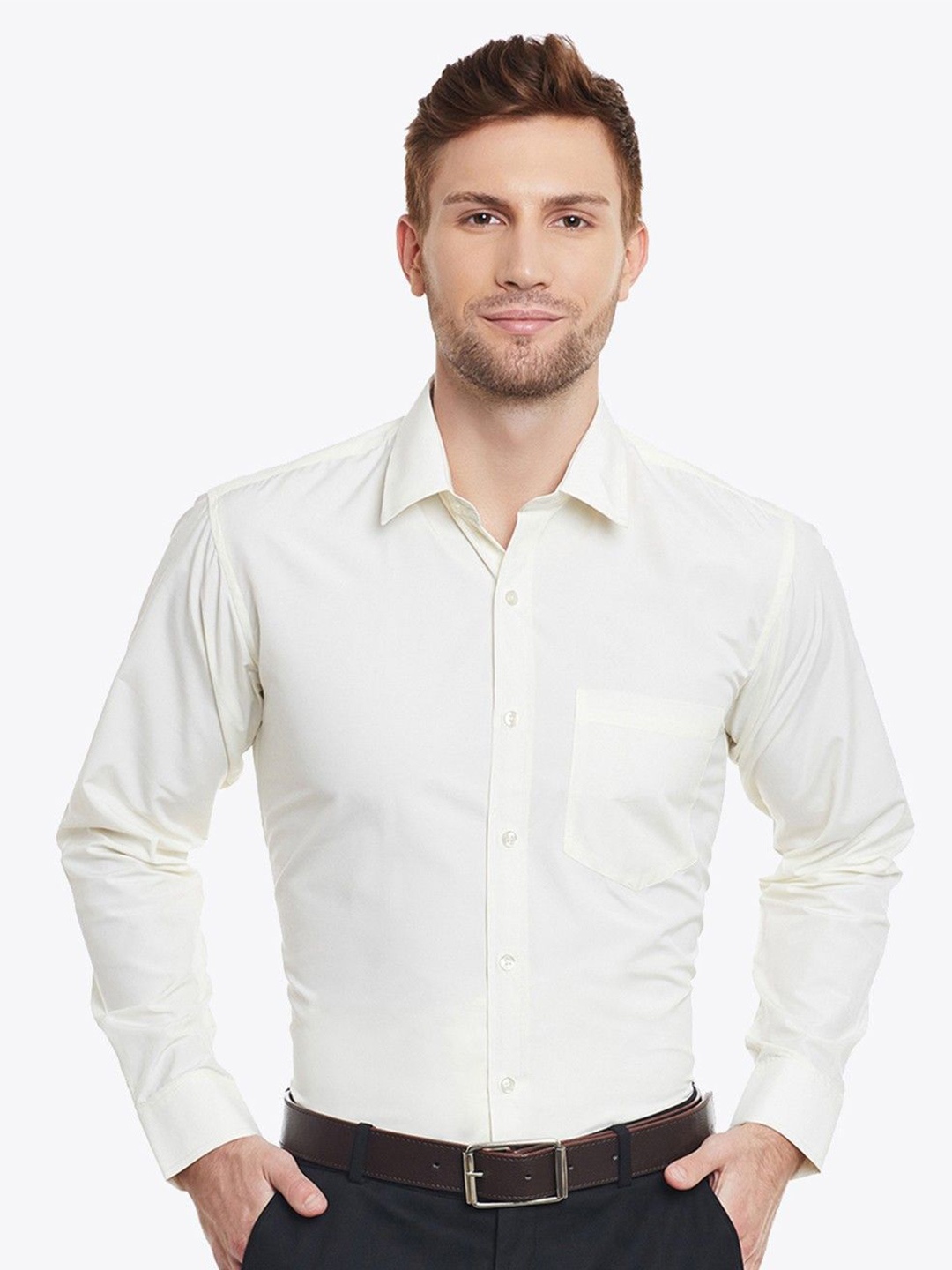 

English Navy Men Slim Fit Opaque Formal Shirt, Yellow