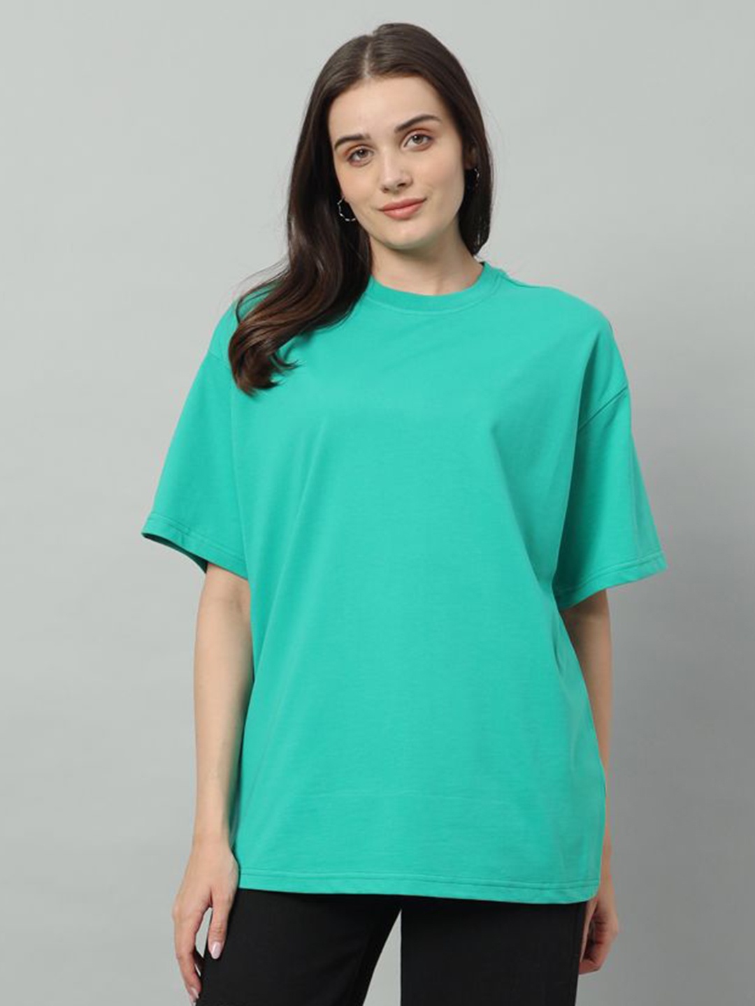 

SWAGNOX Women Solid Round Neck Cotton Oversized T-Shirt, Green