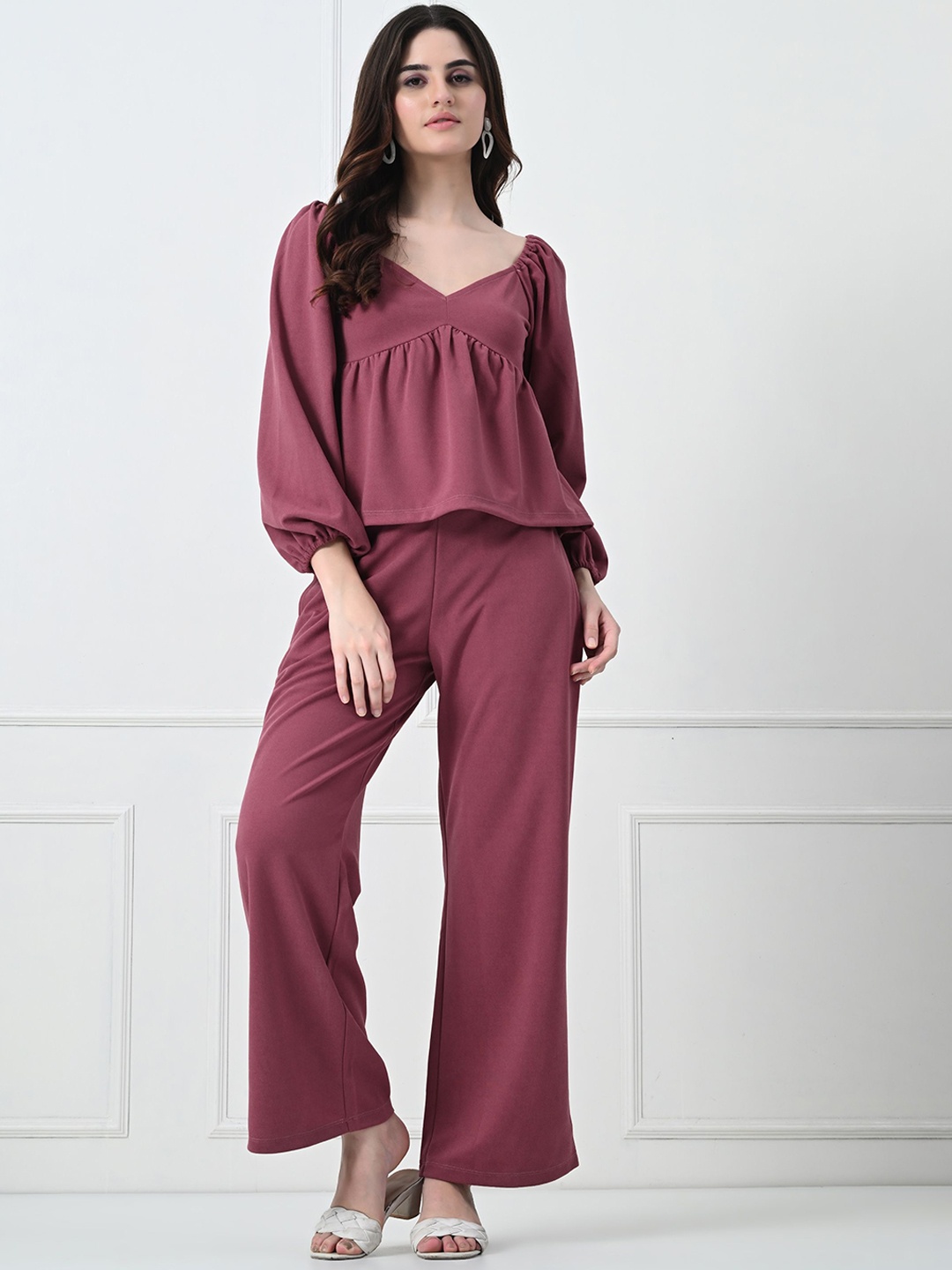 

PANDORNA V-Neck Puff Sleeves Tunic Top With Trouser, Mauve