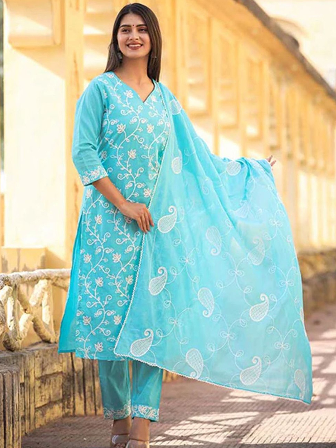 

ARAVALII Floral Embroidered Pure Cotton Straight Kurta With Trousers & Dupatta, Blue