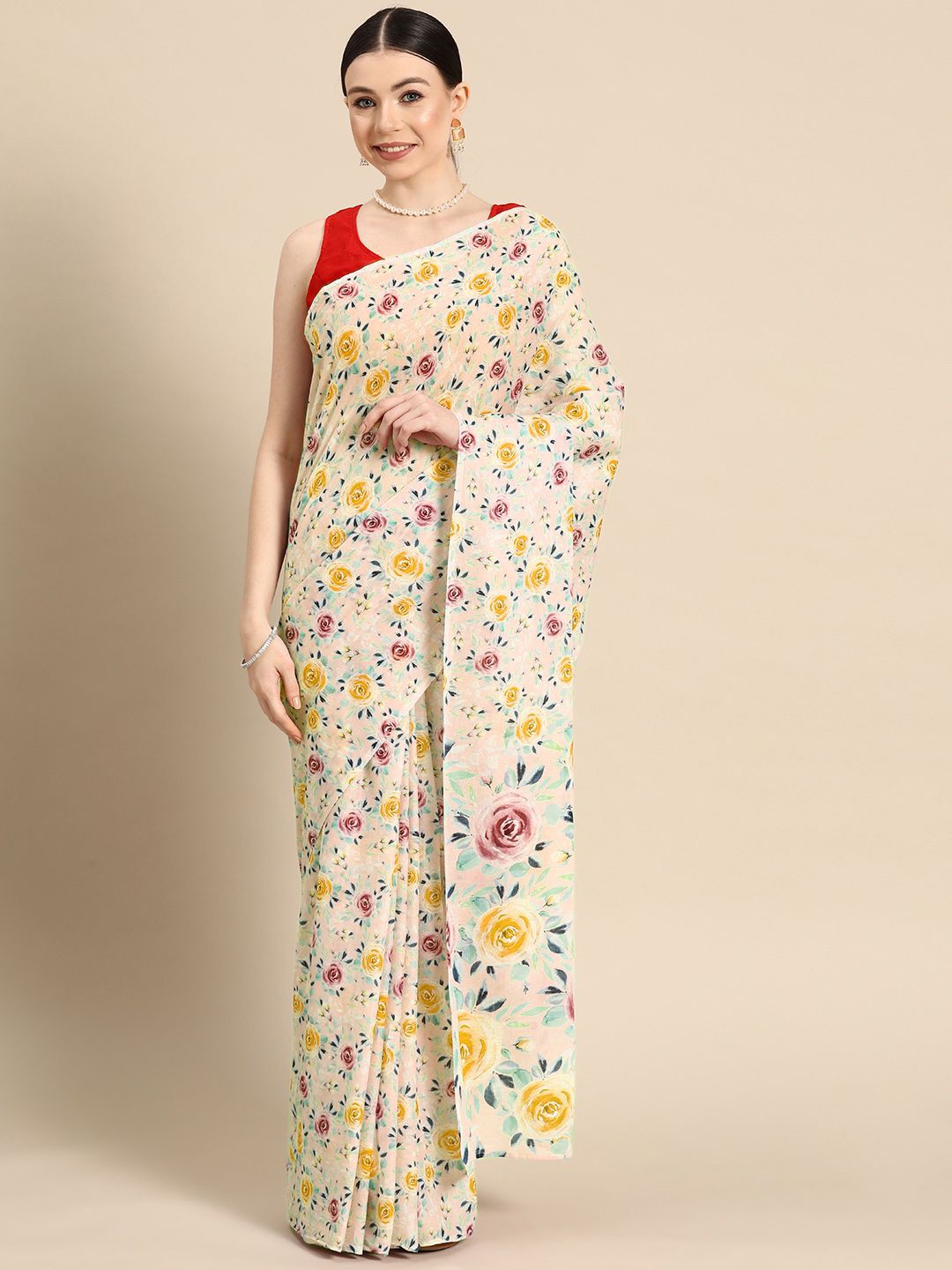 

BUTA BUTI Floral Pure Cotton Saree, Mustard