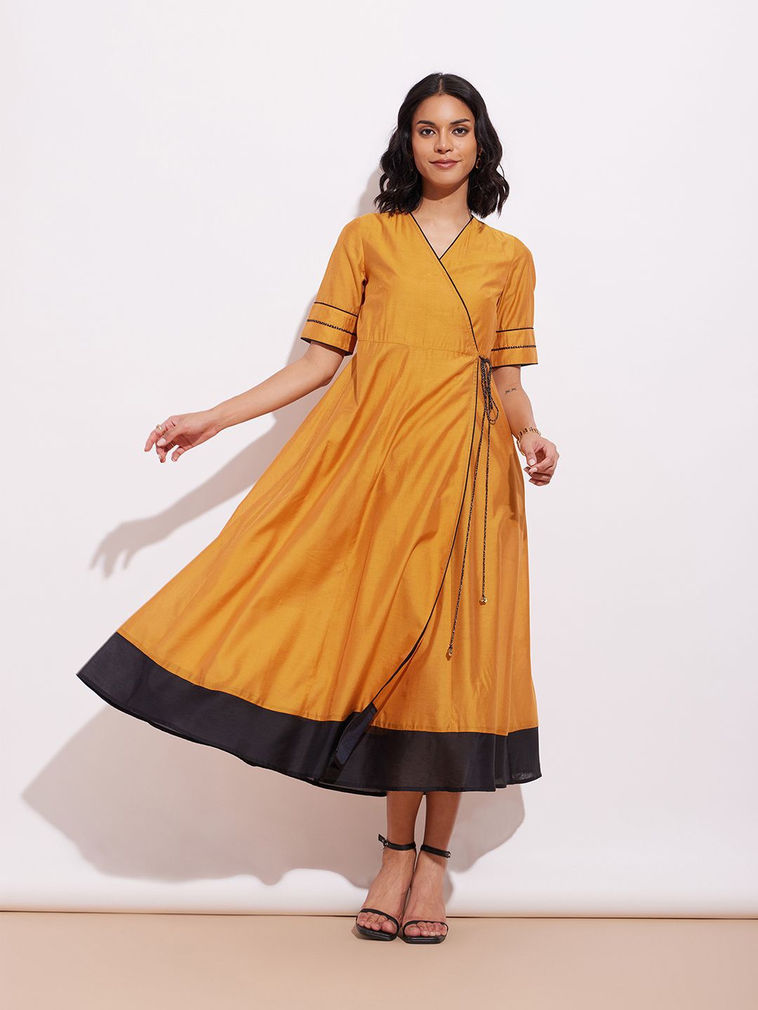 

Pink Fort Colourblocked Wrap Ethnic Dress, Mustard