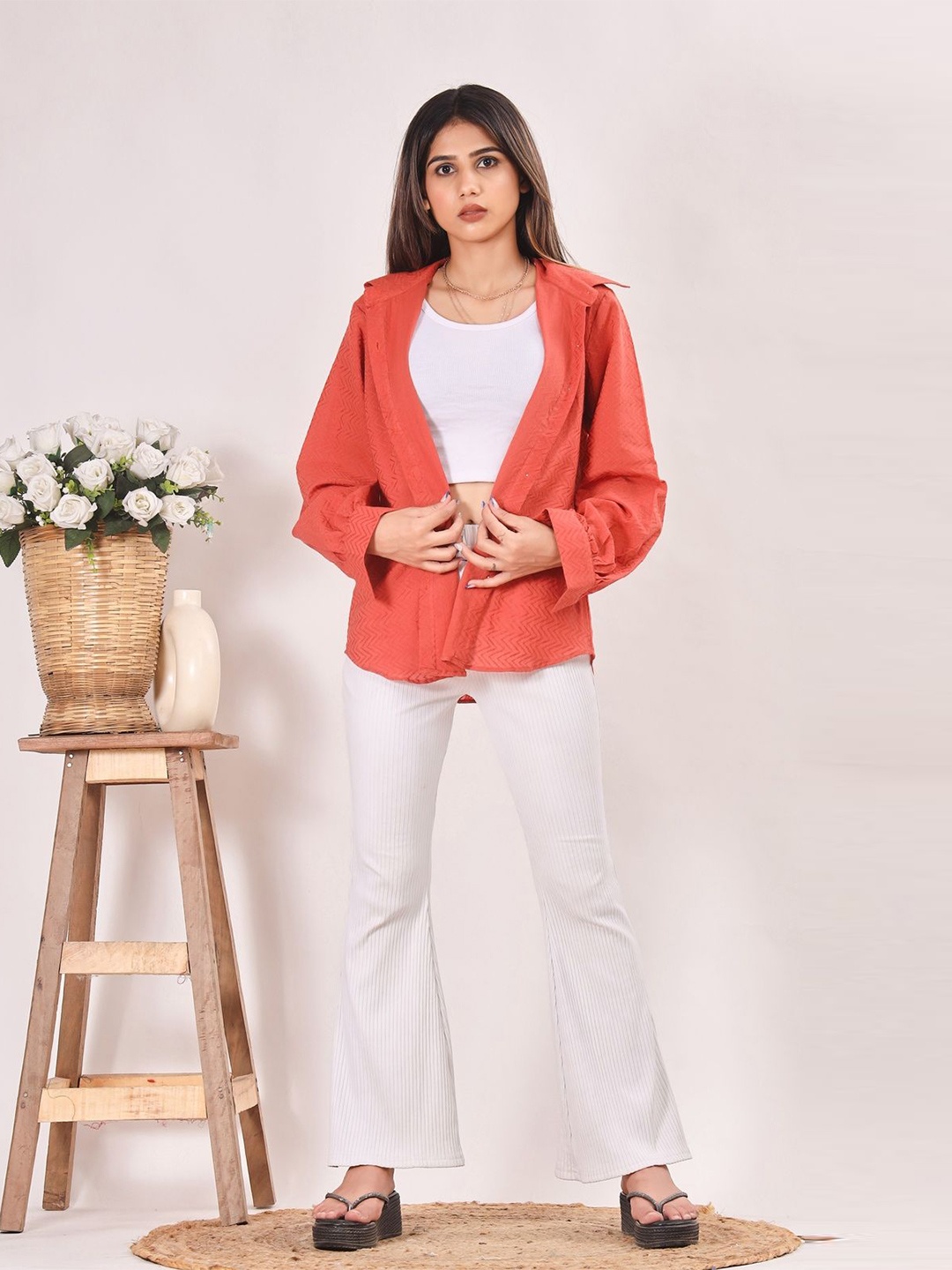 

SIDDHO HUM Women Spread Collar Solid Cotton Casual Shirt, Rust