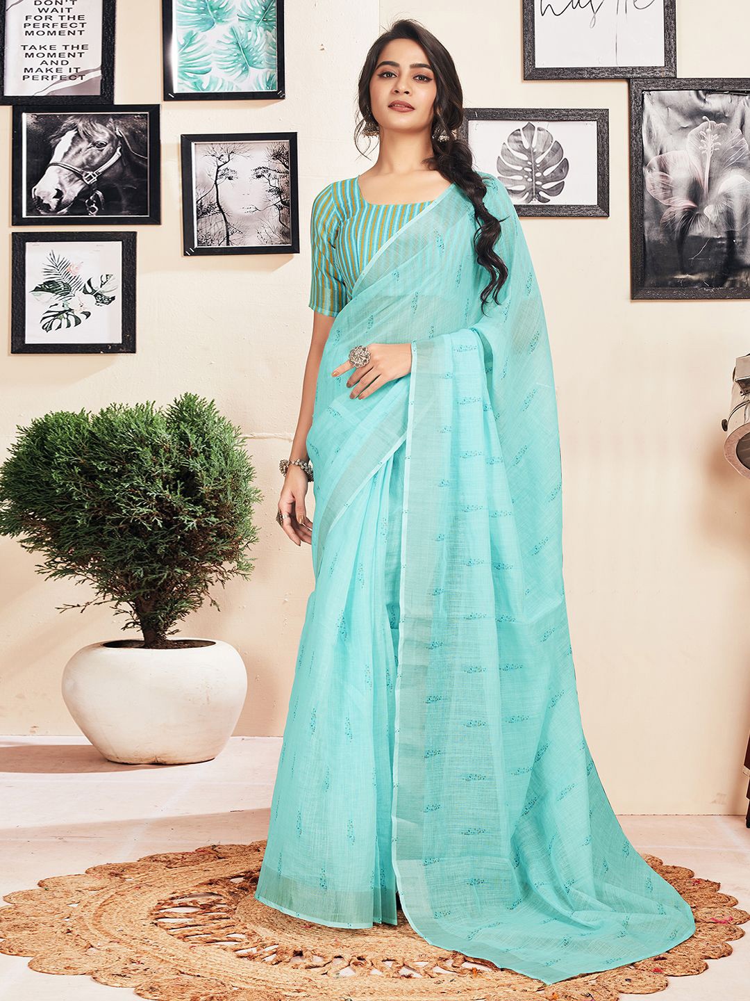 

Satrani Ethnic Motifs Pure Cotton Ready to Wear Saree, Blue