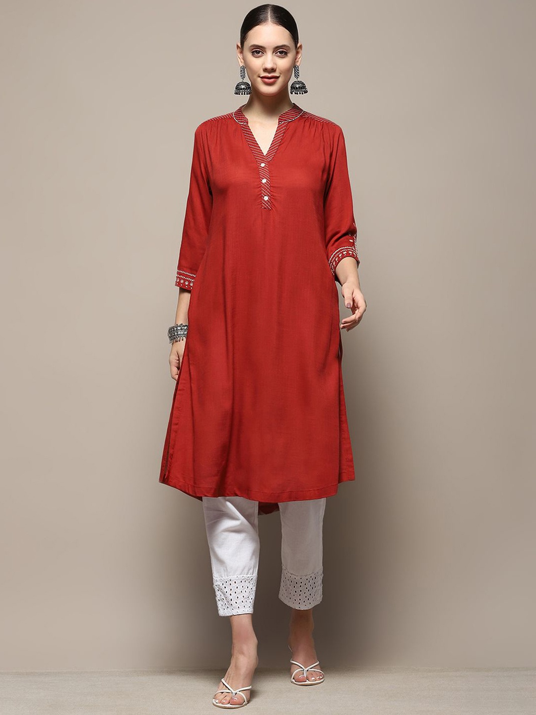 

Biba Mandarin Collar Silk A-Line Kurta, Brown