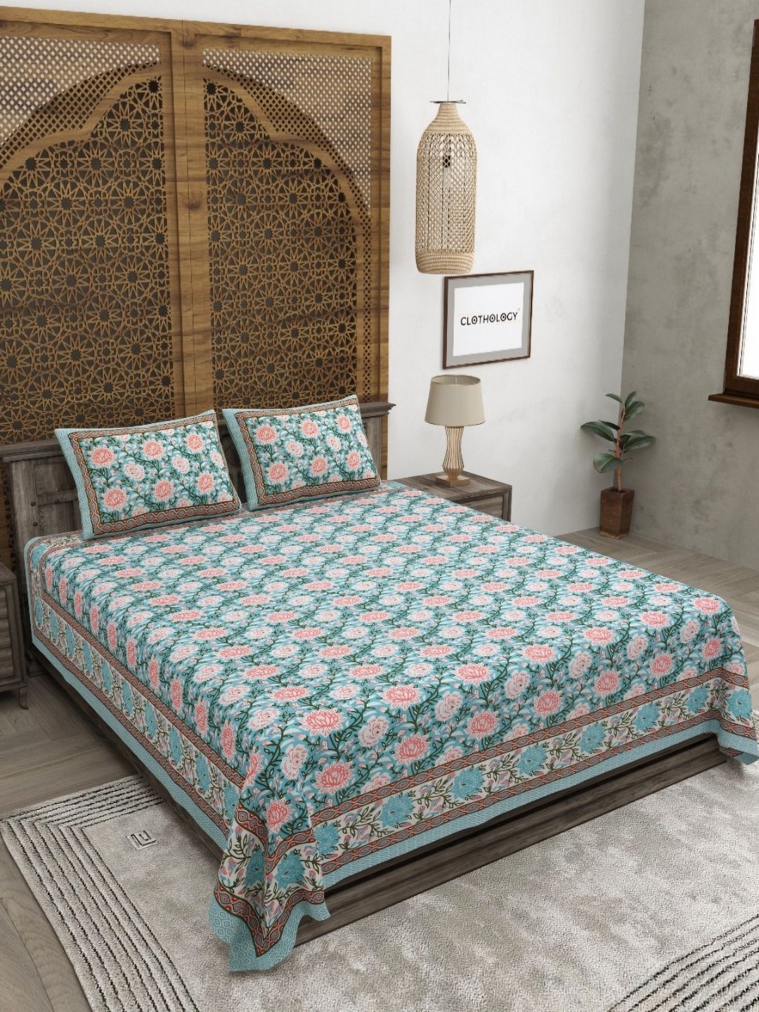 

CLOTHOLOGY Blue & Pink Floral 180 TC Cotton King Bedsheet with 2 Pillow Covers