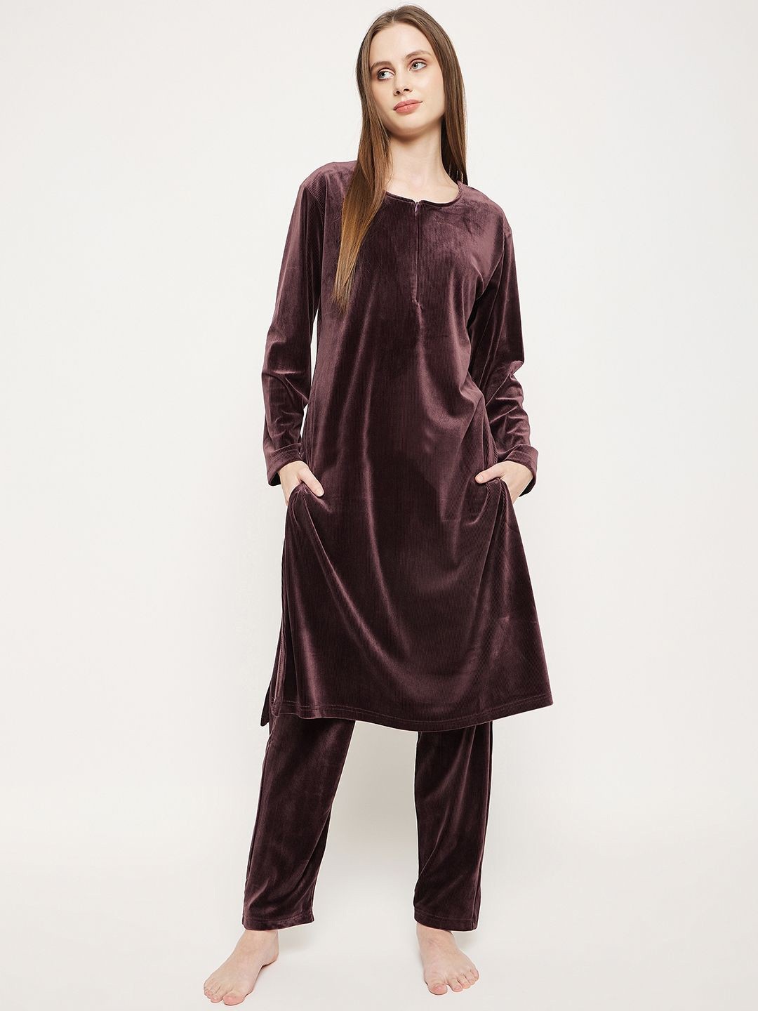 

Camey Women Keyhole Neck Flared Sleeves Sequinned Velvet Kurta, Brown
