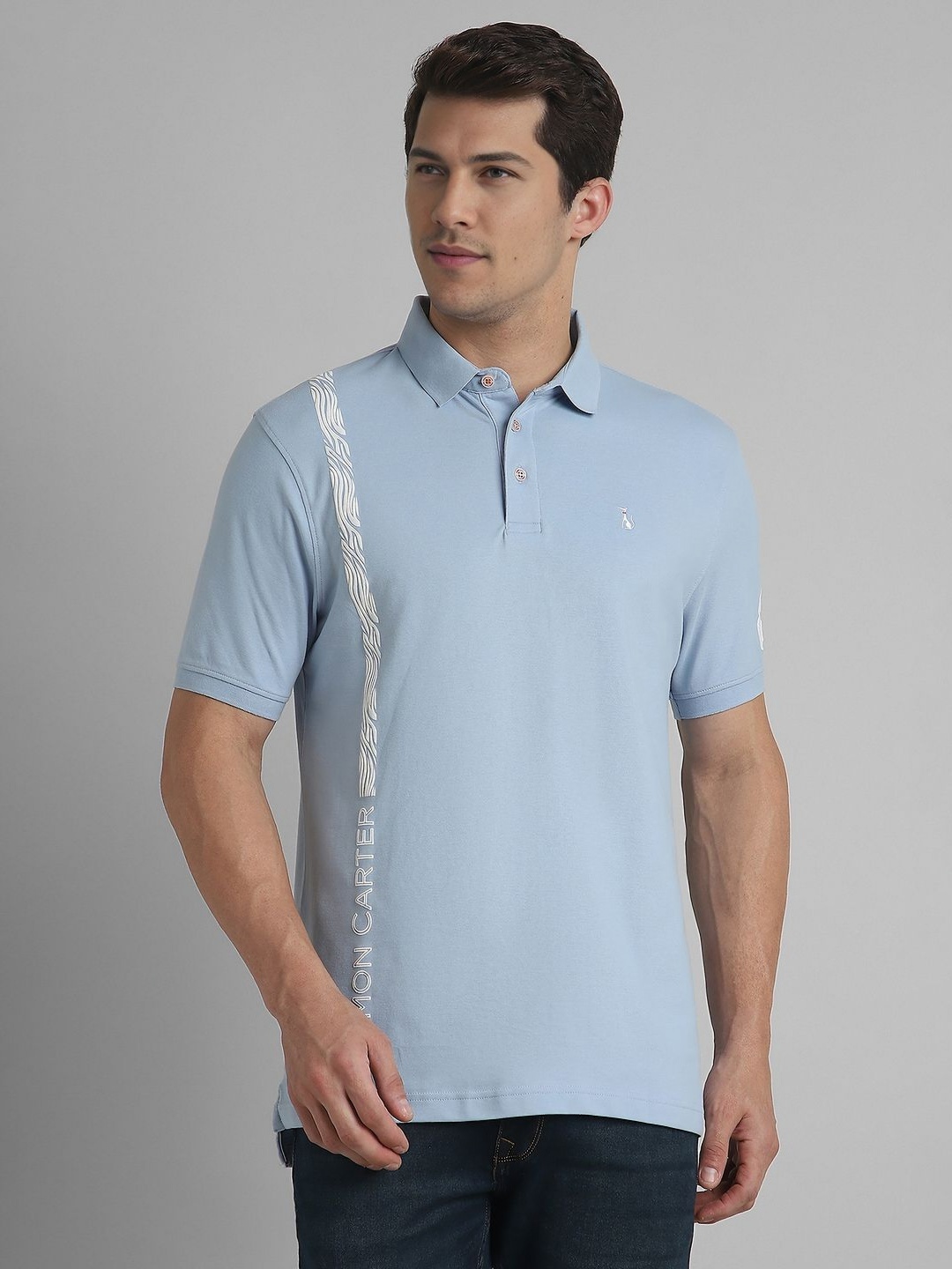 

SIMON CARTER LONDON Men Striped Polo Collar Cotton Slim Fit T-Shirt, Blue