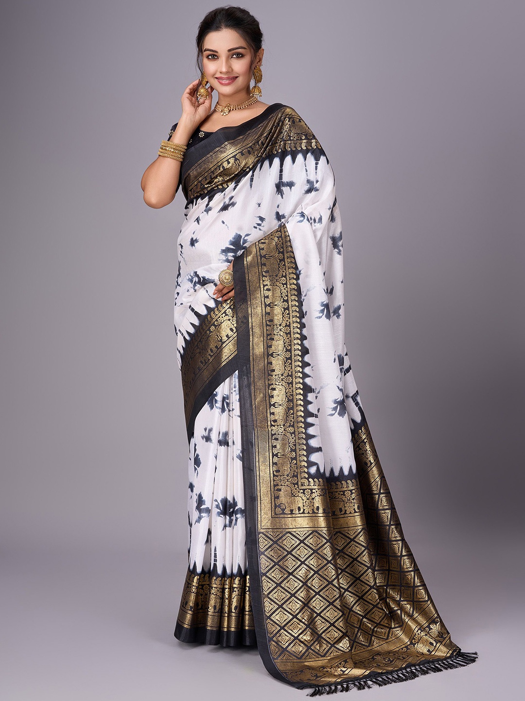 

SANJANA SILK Floral Zari Art Silk Chanderi Saree, Black