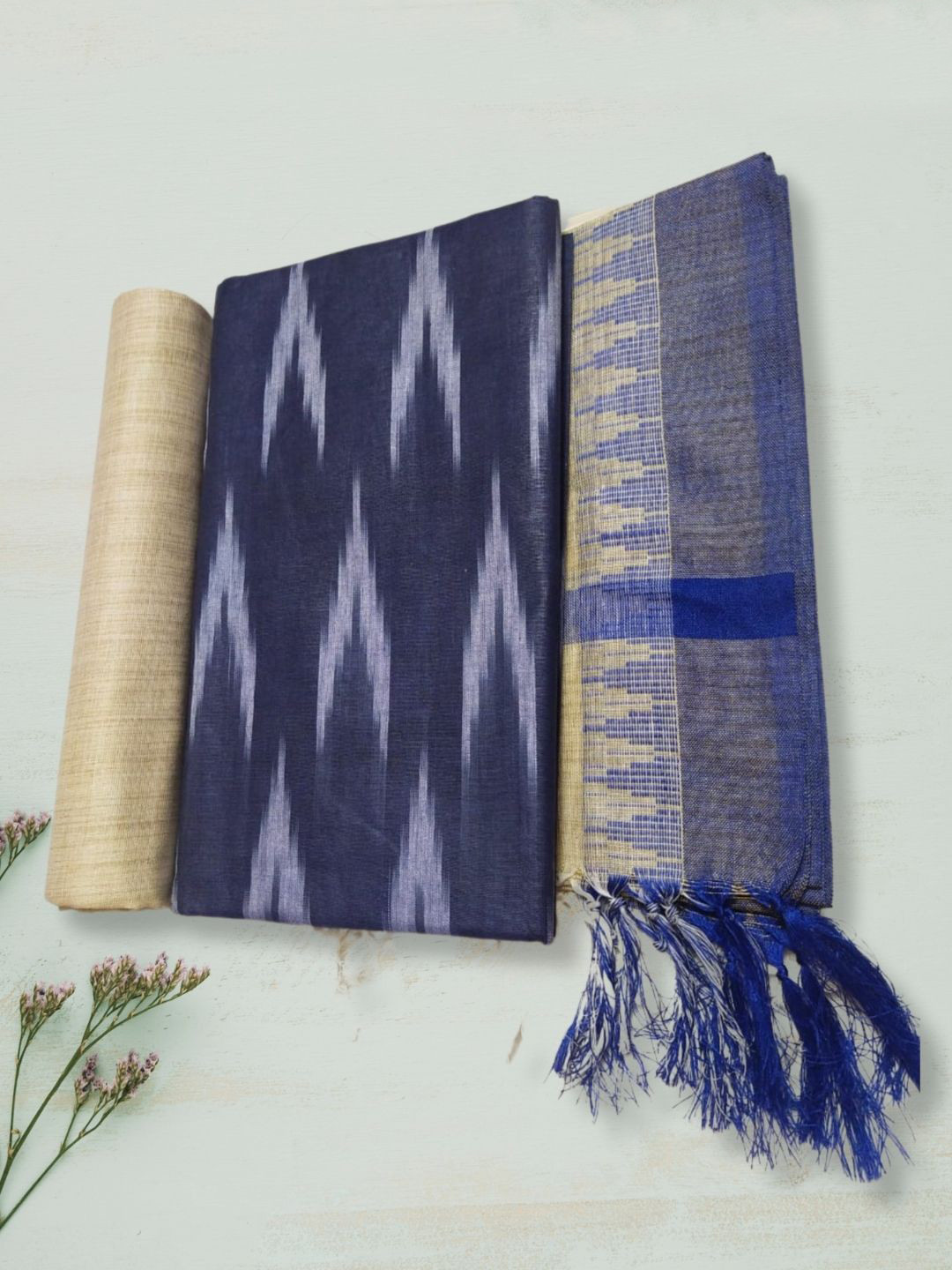 

RIYA SHREE Ikat Printed Pure Cotton Unstitched Dress Material, Navy blue