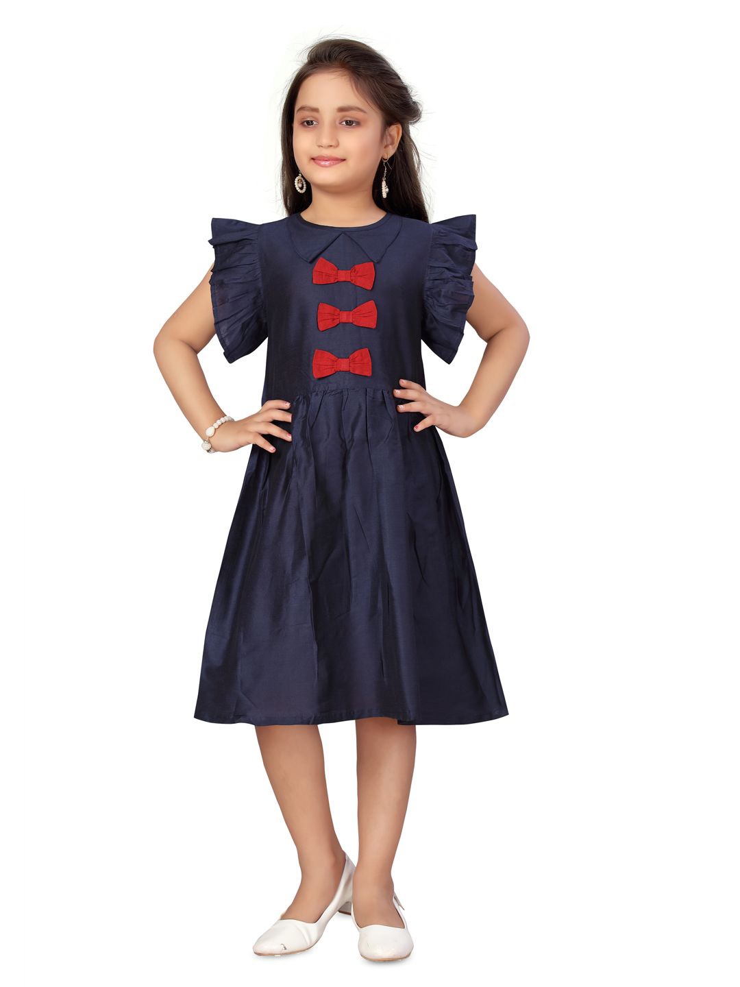 

BAESD Girls Flutter Sleeve Cotton Fit & Flare Dress, Navy blue