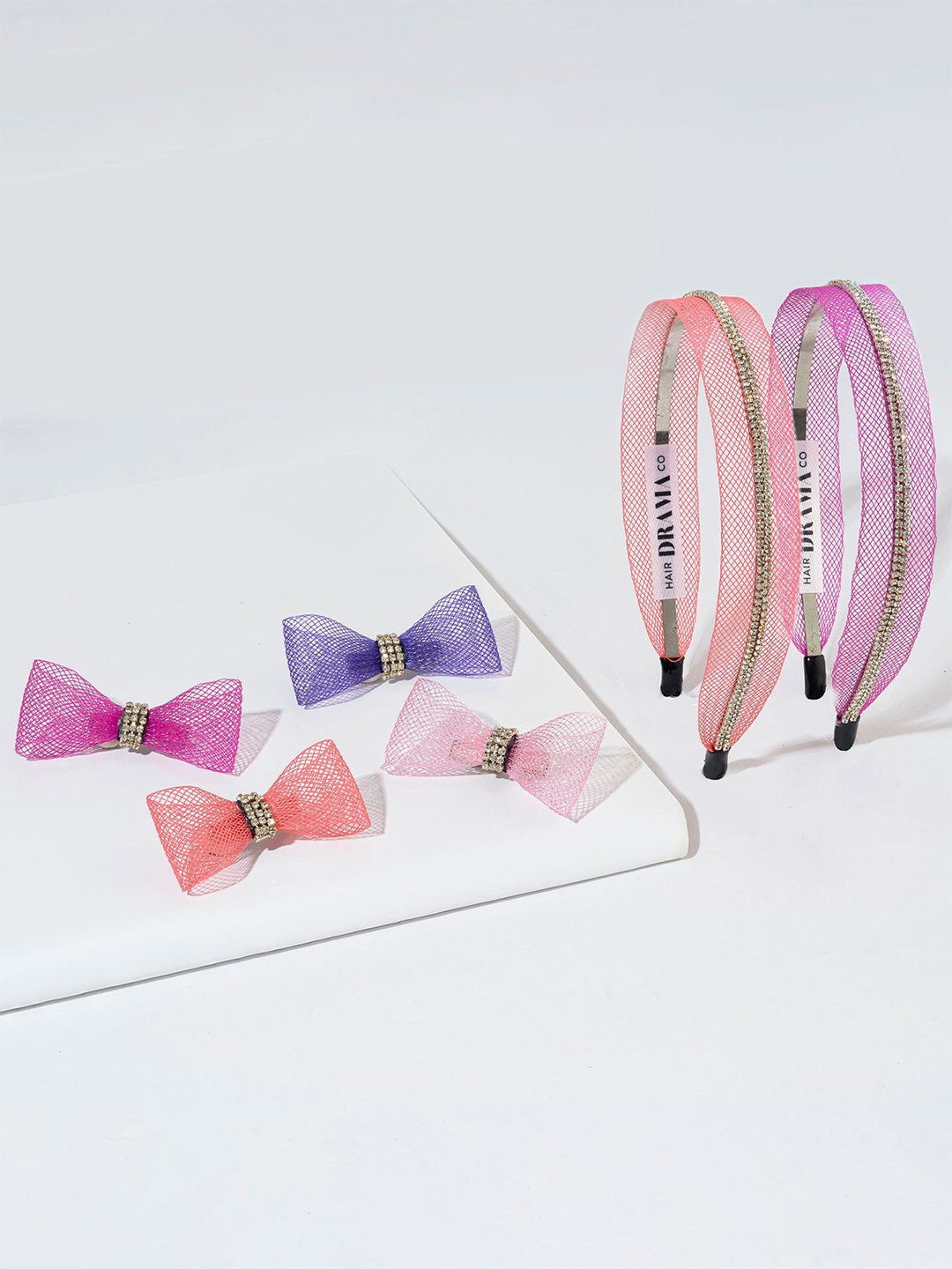 

HAIR DRAMA CO. Girls Set of 6 Crystal Studded Hair Bands & Hair Bows, Pink