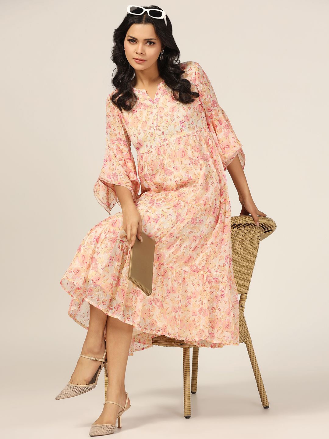 

Mustard Floral Print Bell Sleeve A-Line Midi Dress, Multi