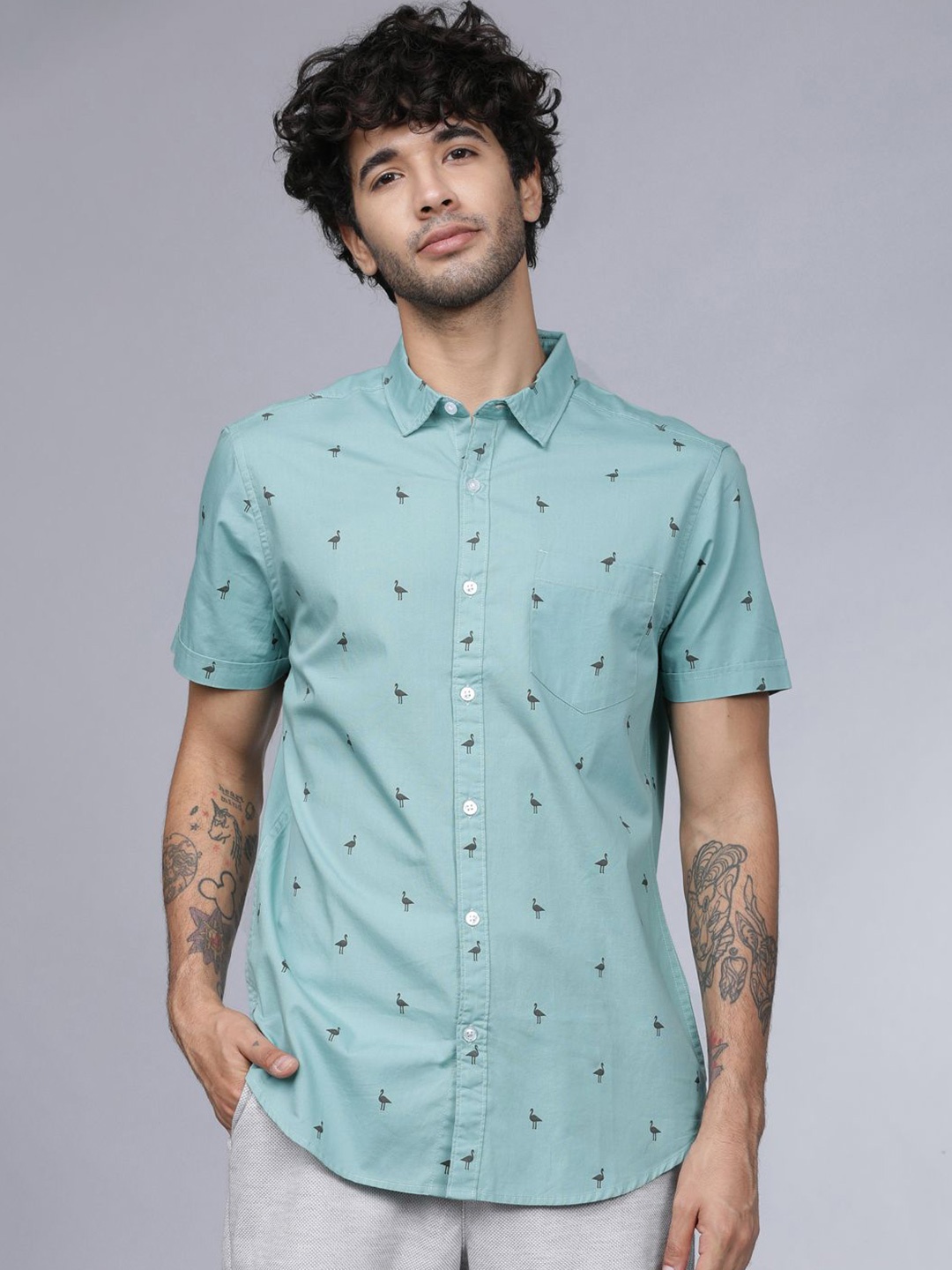 

HIGHLANDER Men Slim Fit Opaque Printed Casual Shirt, Green