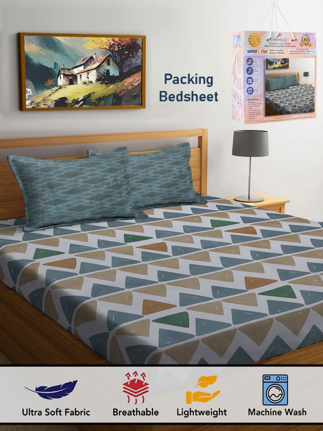 

FABINALIV Green & Brown Geometric 300 TC King Bedsheet with 2 Pillow Covers