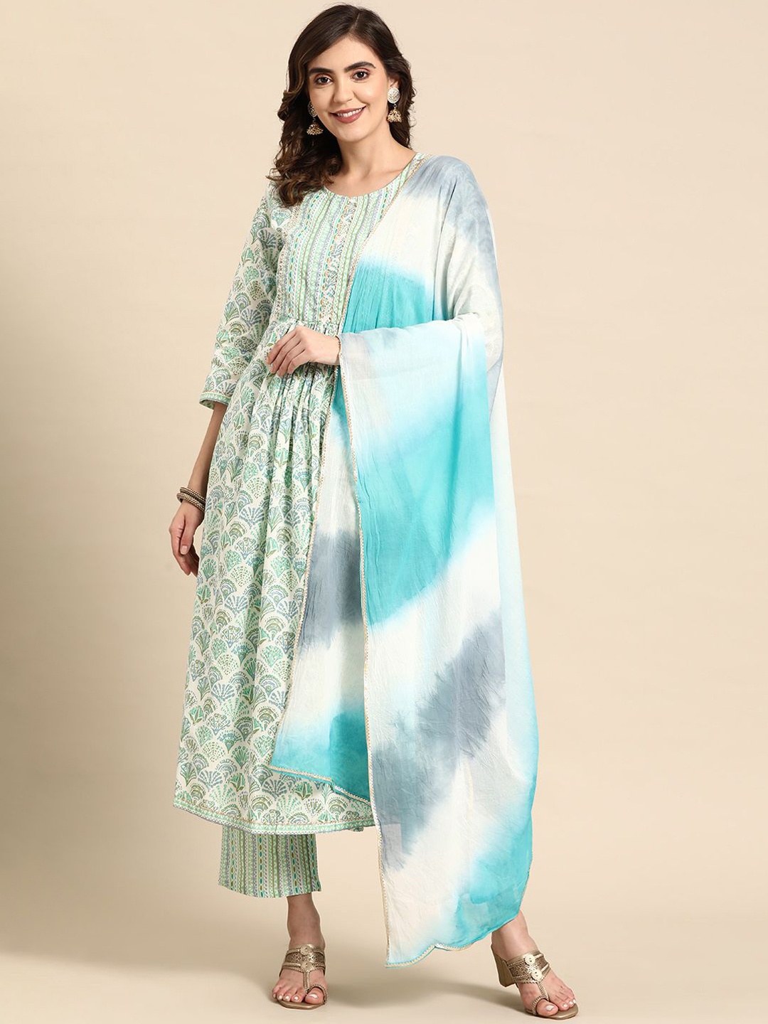 

IndigoFerry Women Floral Printed Empire Gotta Patti Pure Cotton Kurta with Trousers & With Dupatta, Blue