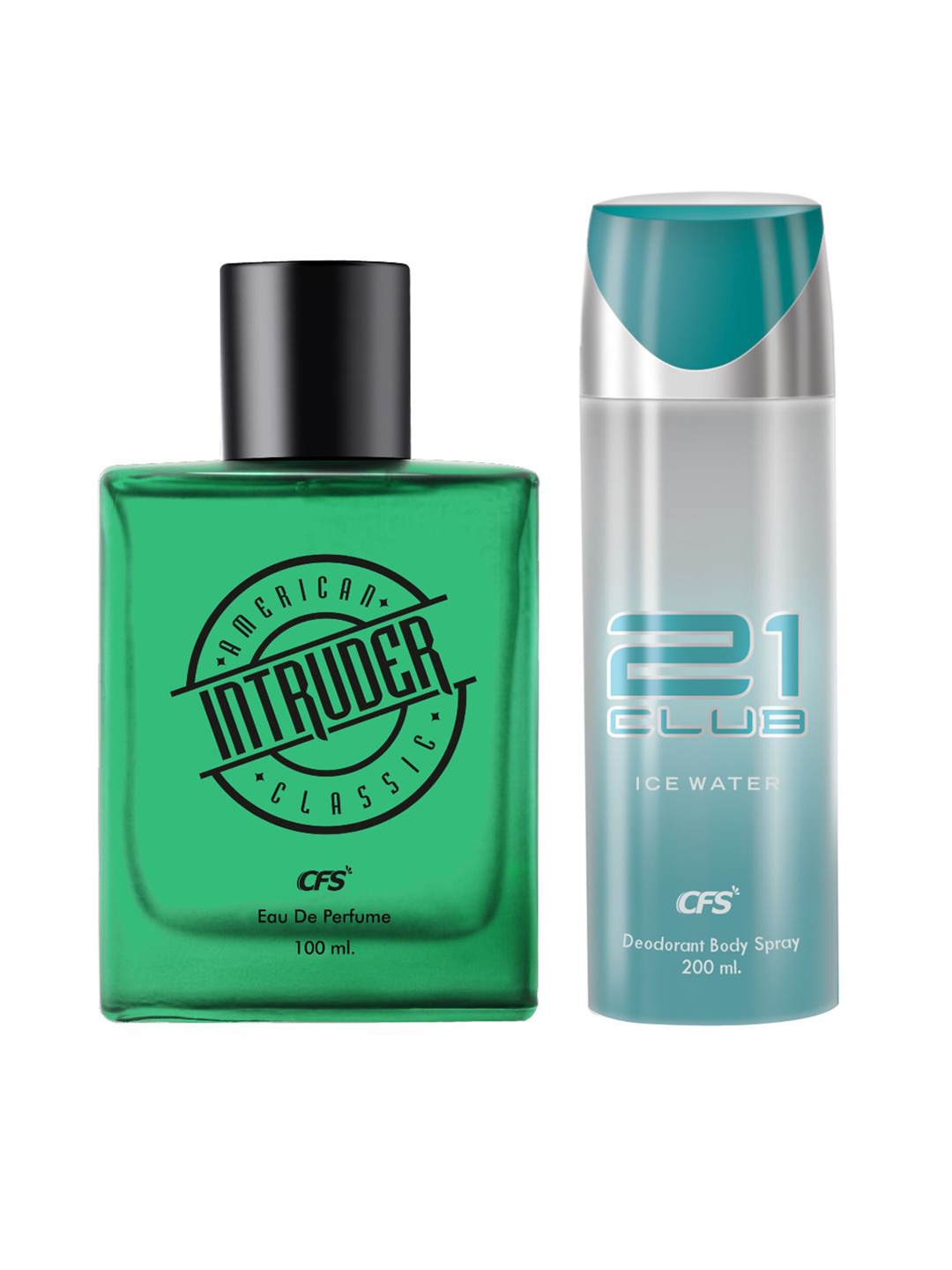 

CFS Intruder Green Long Lasting EDP-100ml & 21 Club Ice Water Deodorant Body Spray- 200ml, Blue