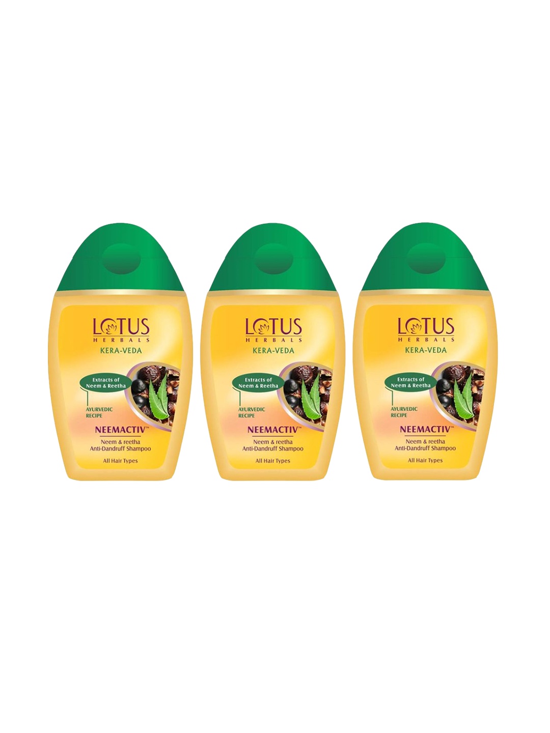 

Lotus Herbals Set Of 3 Kera-Veda Neemactiv Neem & Reetha Anti Dandruff Shampoo-150ml Each, Yellow