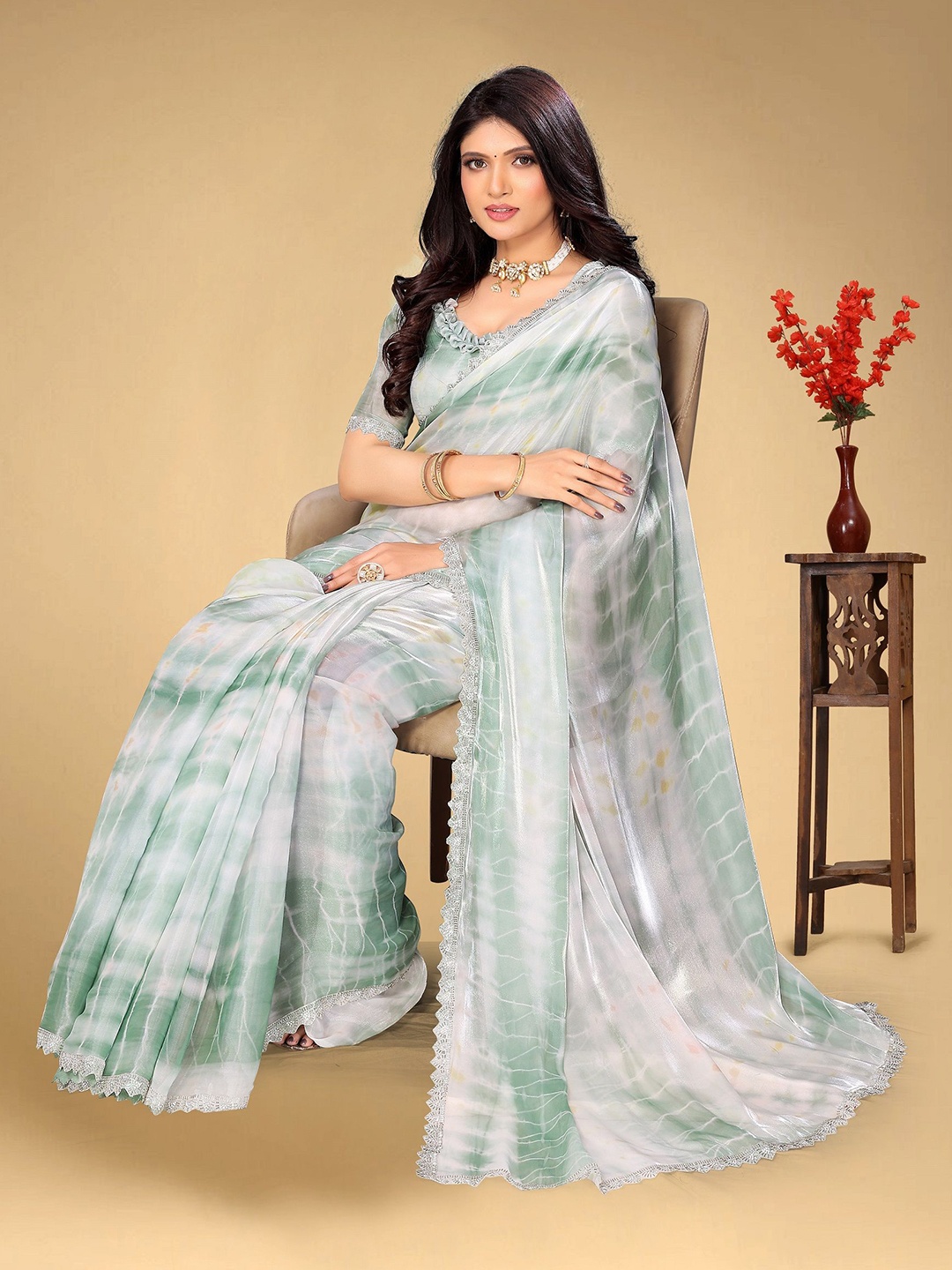 

BAESD Printed Tie and Dye Beads and Stones Silk Blend Saree, Green