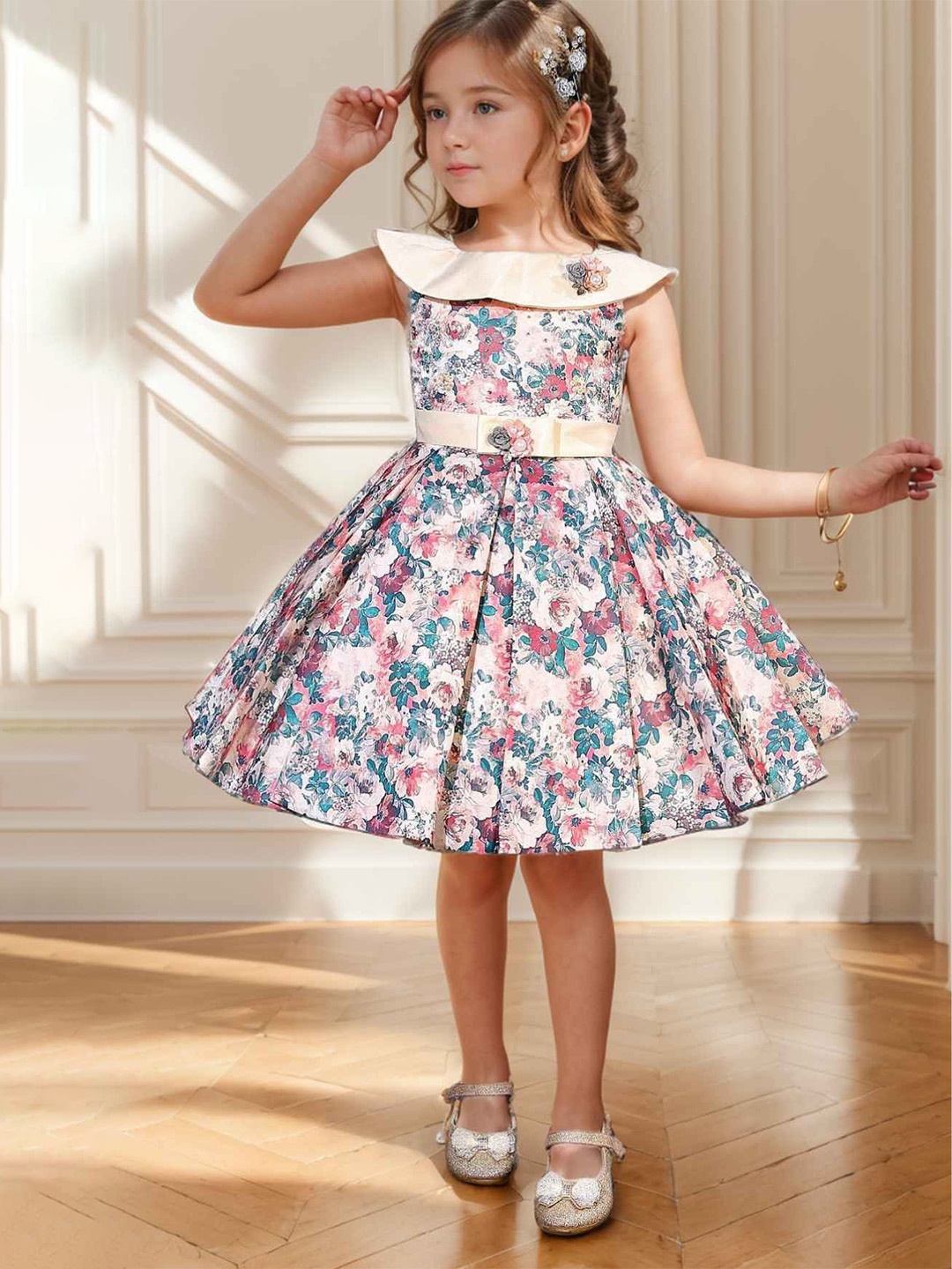 

Lagorii Girls Floral Printed Satin Fit & Flare Dress, Cream