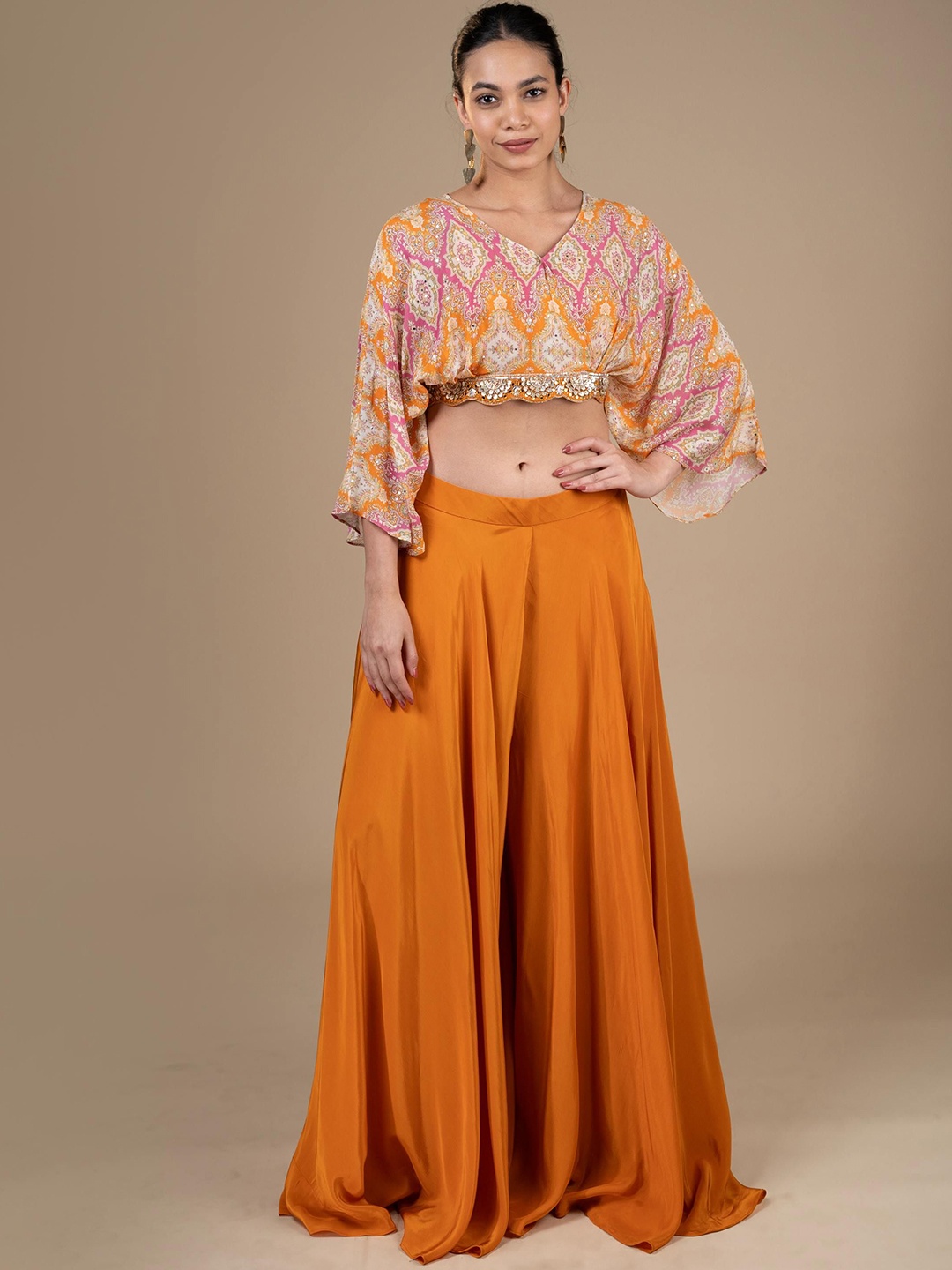 

House Of Dharaa Printed Crop Top With Palazzo, Orange