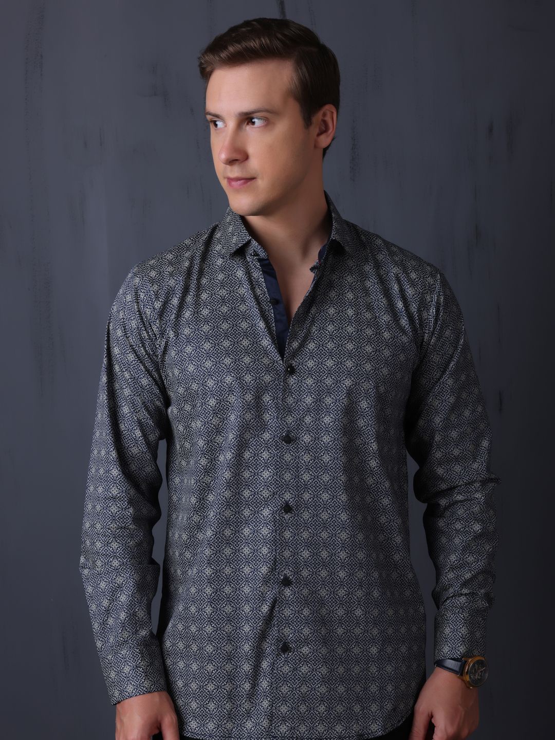 

FILO HEVIS Men Cotton Printed Formal Shirt, Navy blue