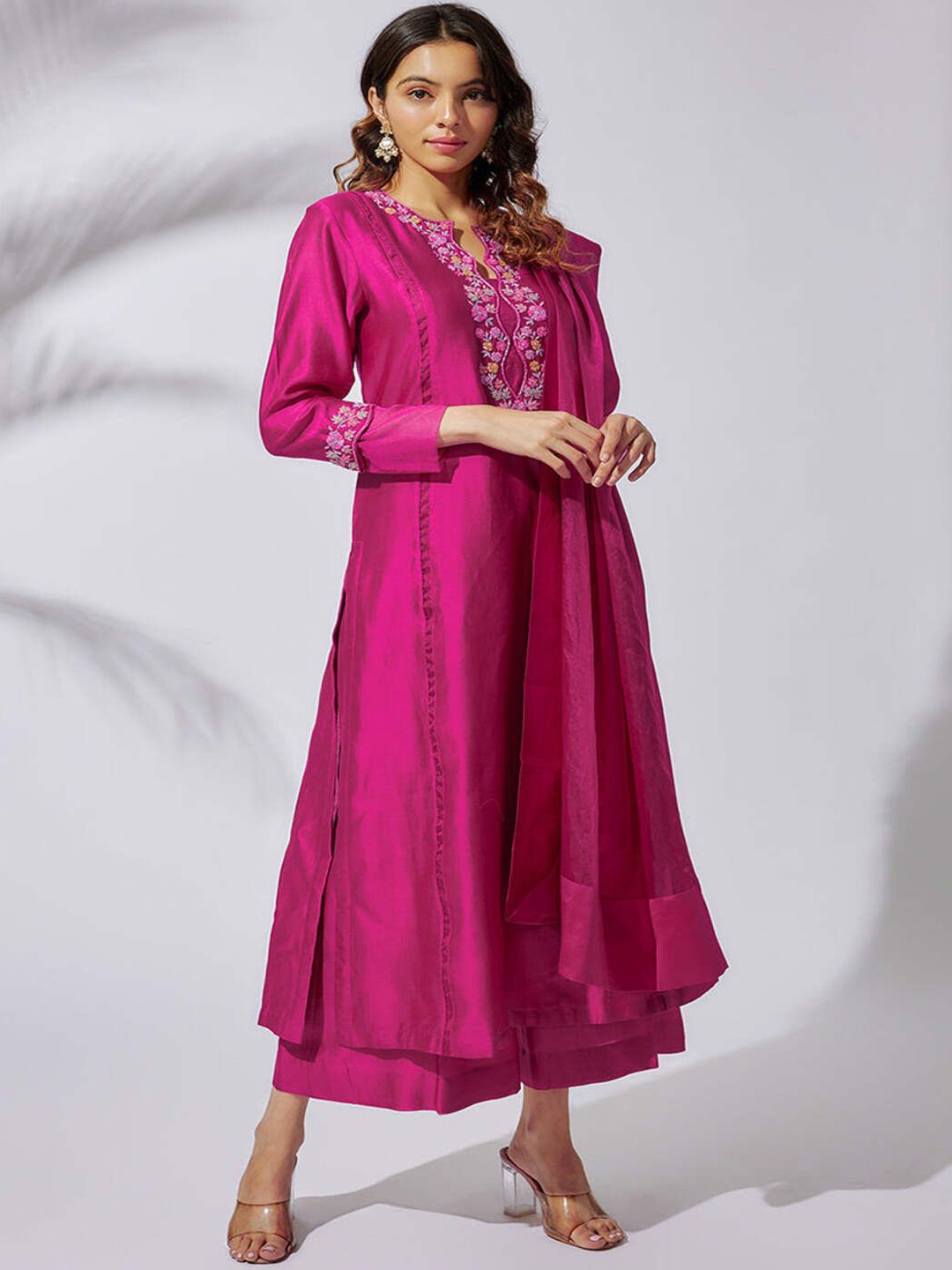 

The Aarya Yoke Design Zardozi Chanderi Cotton Straight Kurta with Palazzos & With Dupatta, Pink