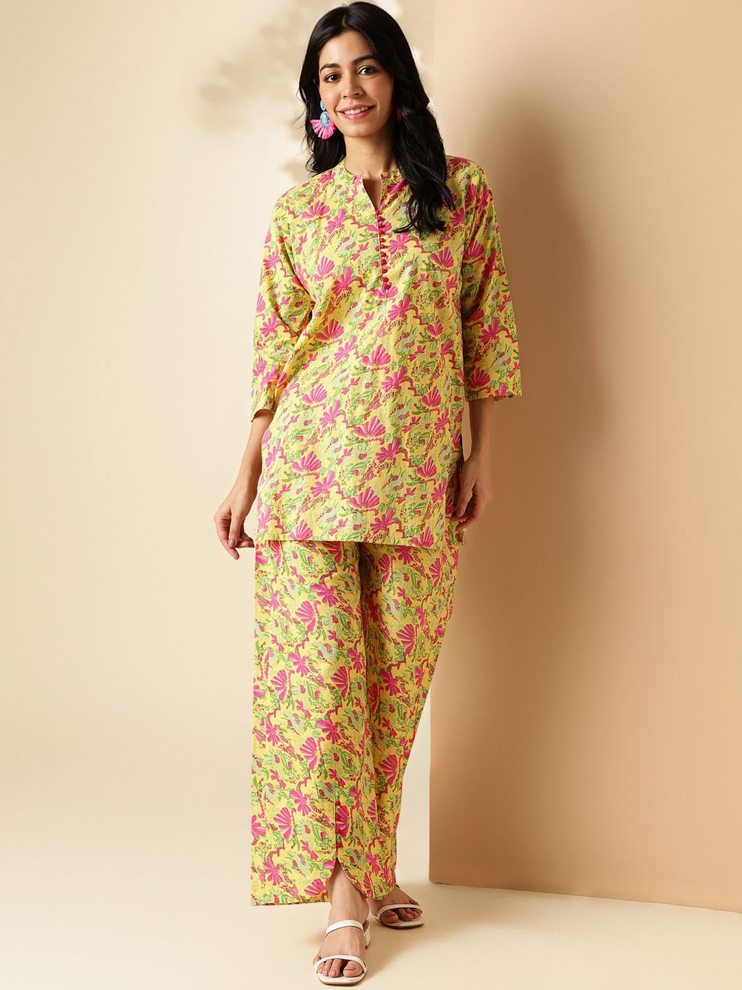 

Vbuyz Floral Printed Pure Cotton Tunic & Trousers, Yellow