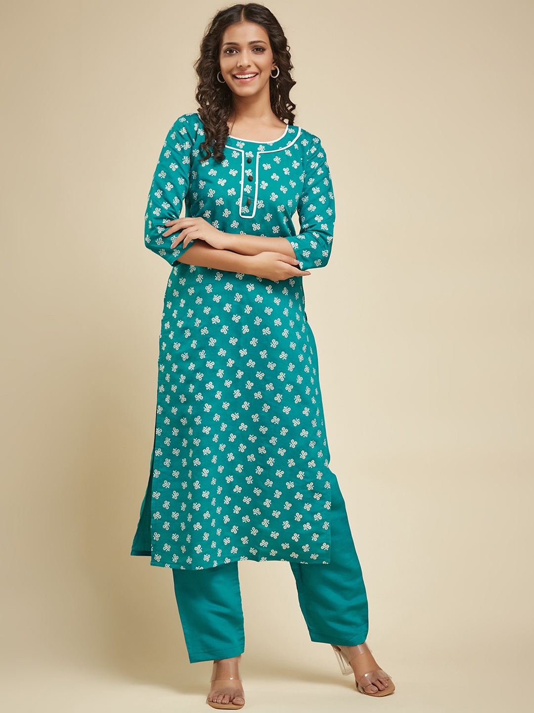 

KALINI Ethnic Motifs Printed Round Neck Chanderi Silk Straight Kurta with Trousers, Teal