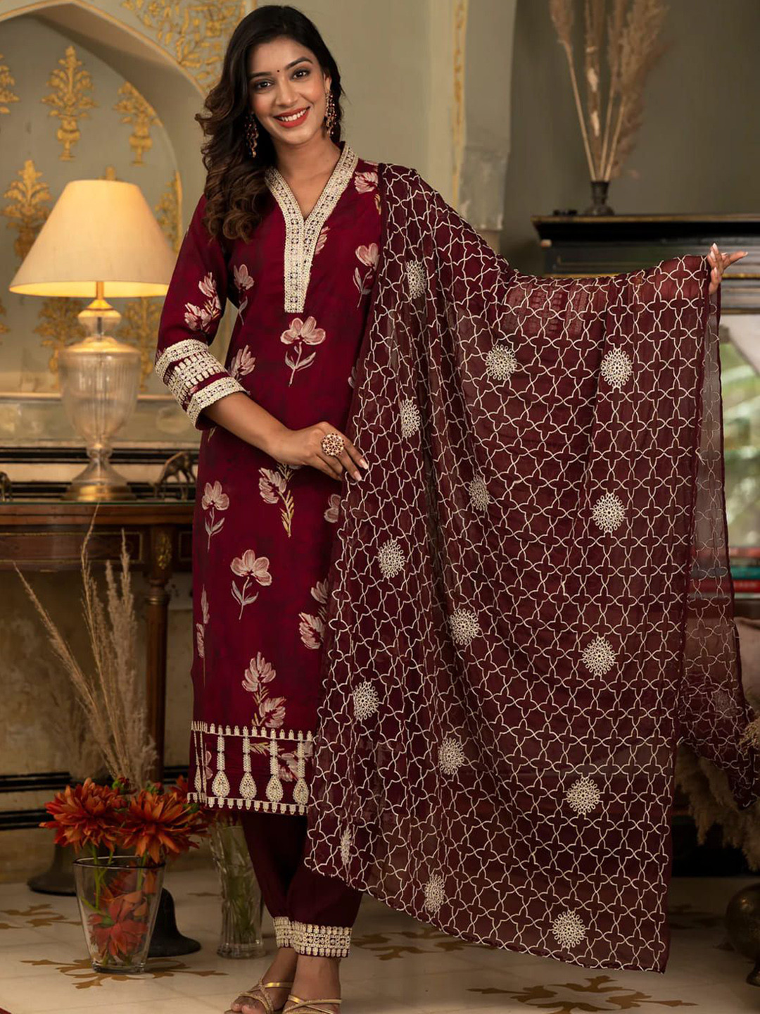 

ARAVALII Floral Printed Sequinned Straight Kurta With Trousers & Dupatta, Red