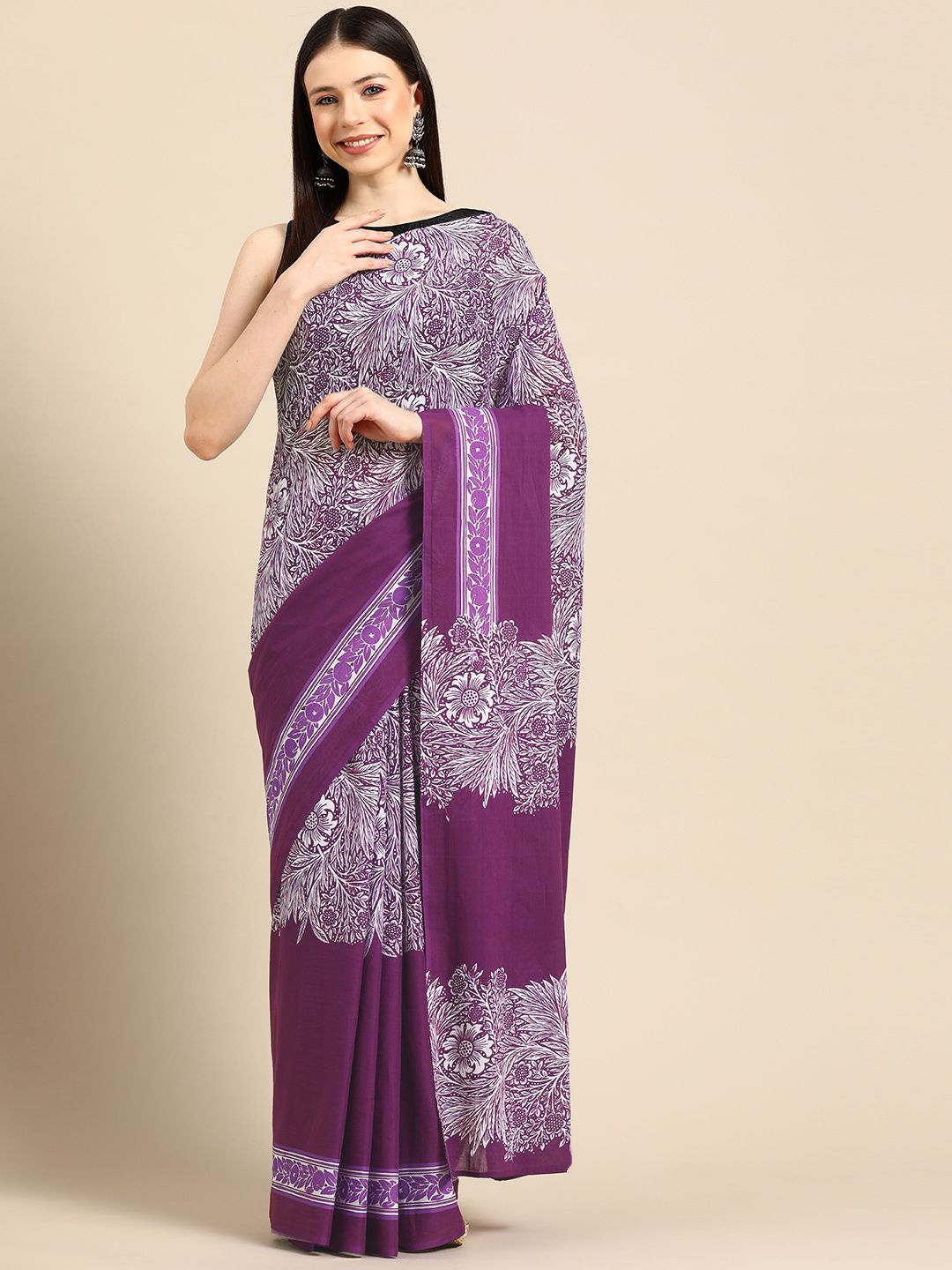 

BUTA BUTI Floral Pure Cotton Saree, Purple