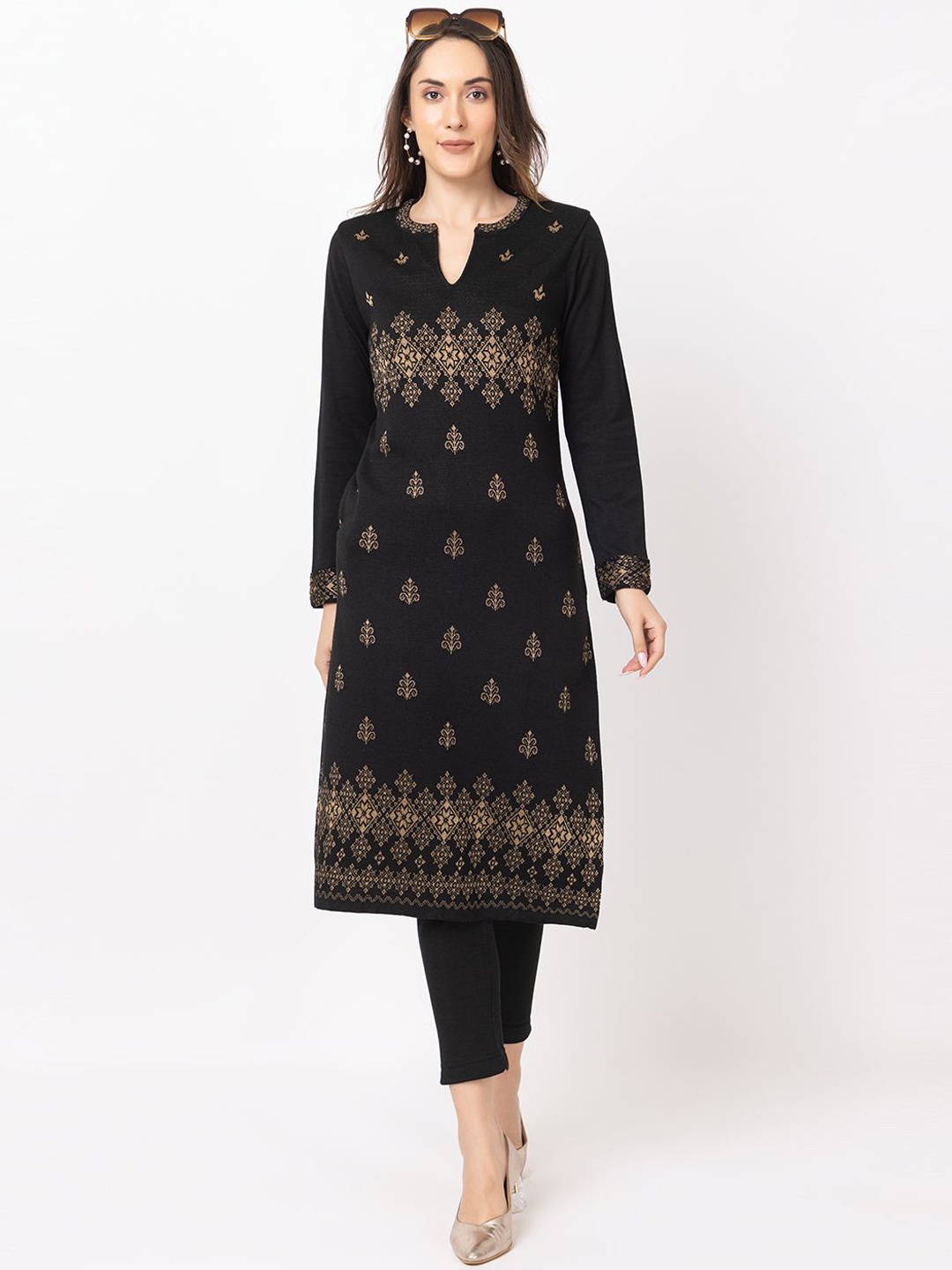 

Anouk Women Ethnic Motifs Flared Sleeves Jacquard Winter Wear Kurta, Black