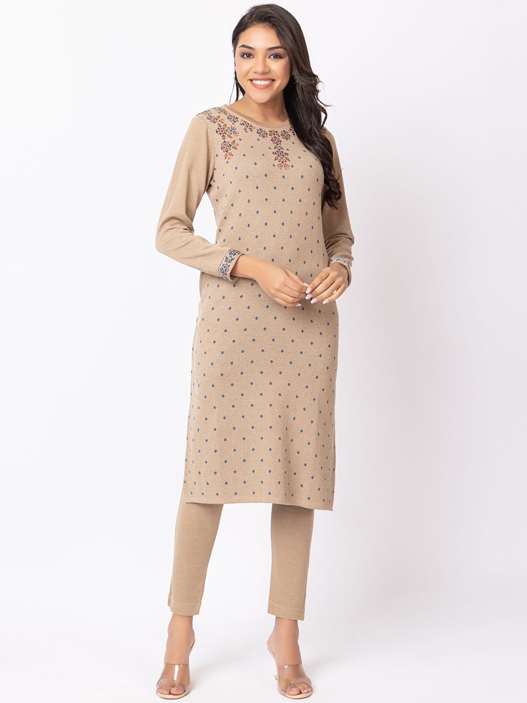 

Anouk Women Geometric Flared Sleeves Thread Work Jacquard Winter Wear Kurta, Beige