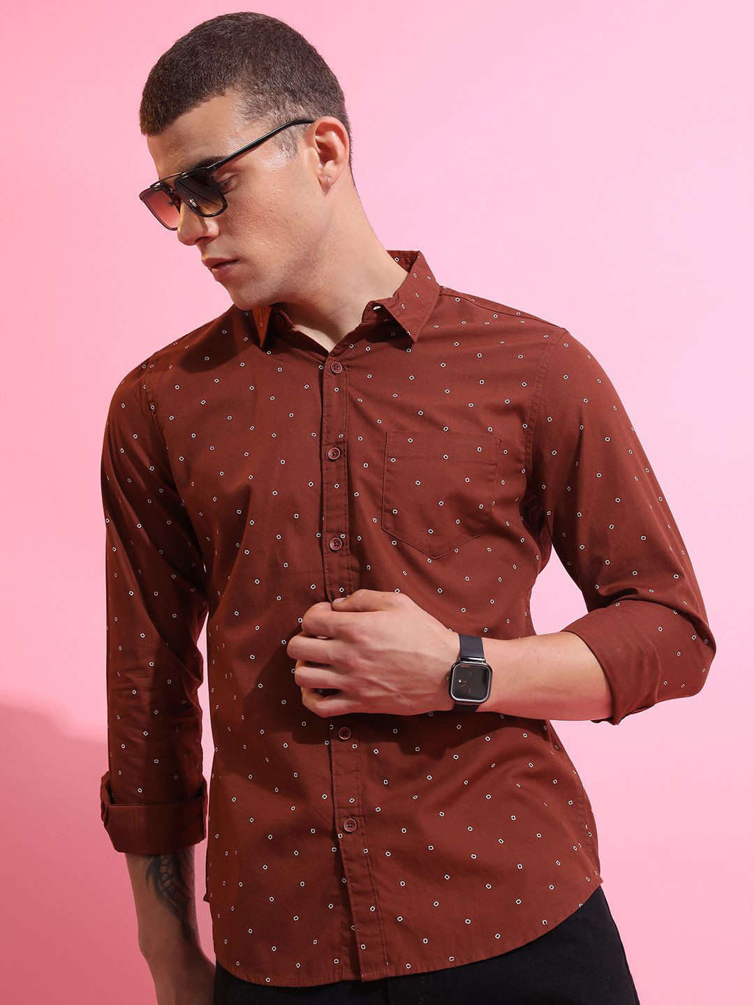 

HIGHLANDER Men Slim Fit Opaque Printed Casual Shirt, Brown