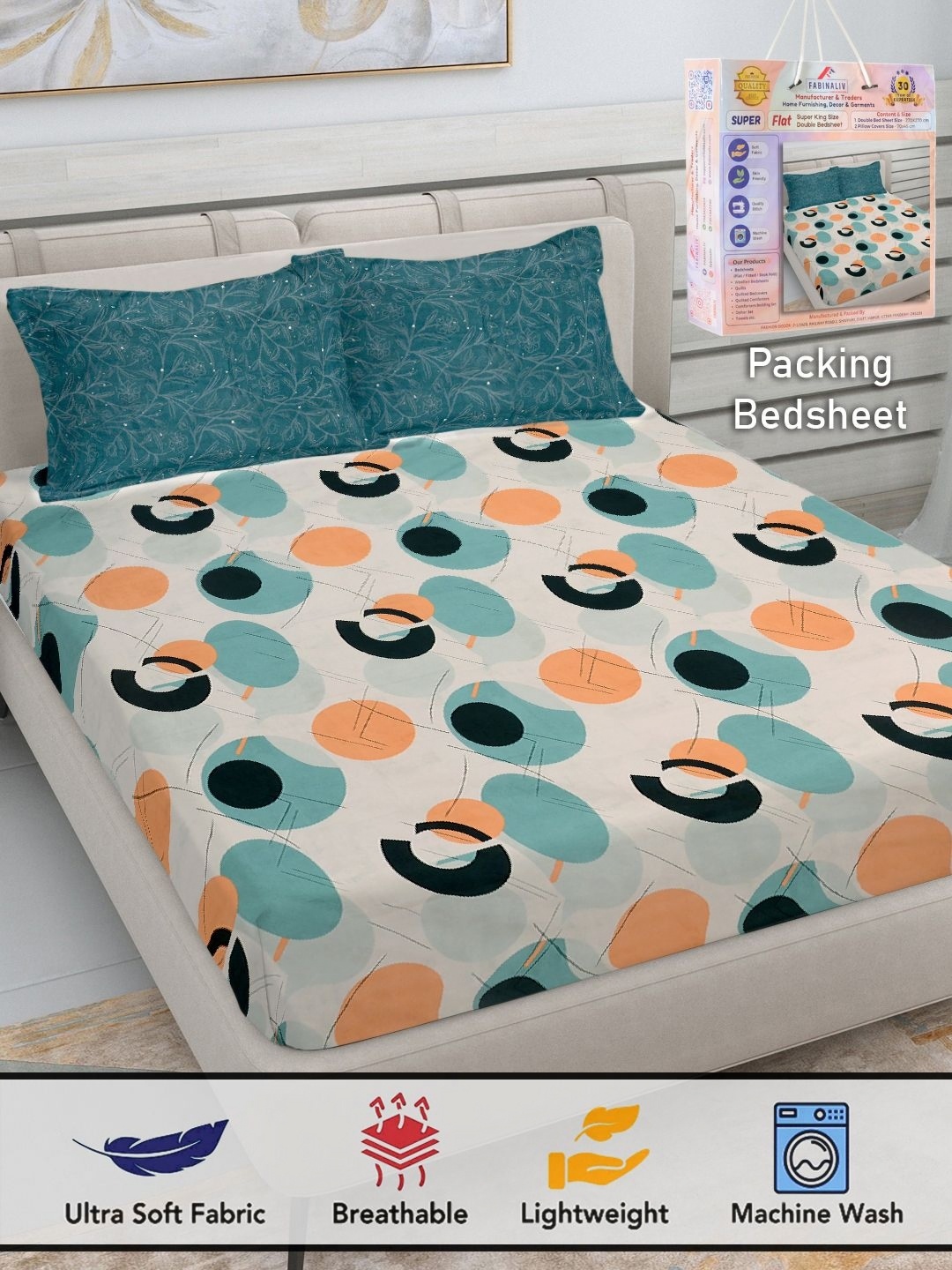 

FABINALIV White & Teal Geometric 300 TC King Bedsheet with 2 Pillow Covers