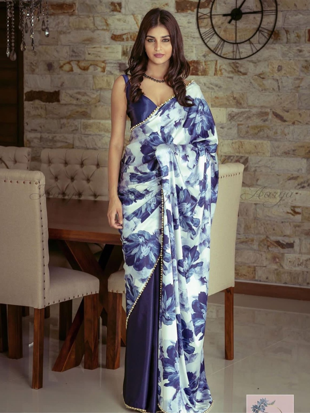 

APNISHA Floral Beads and Stones Satin Half and Half Saree, Navy blue