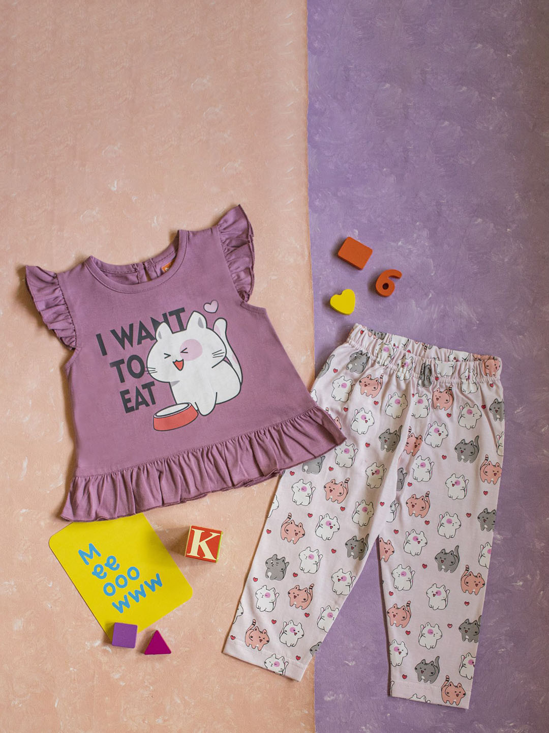 

SUNGGLY MONKEY Girls Pure Cotton Cat Print Nightwear, Purple