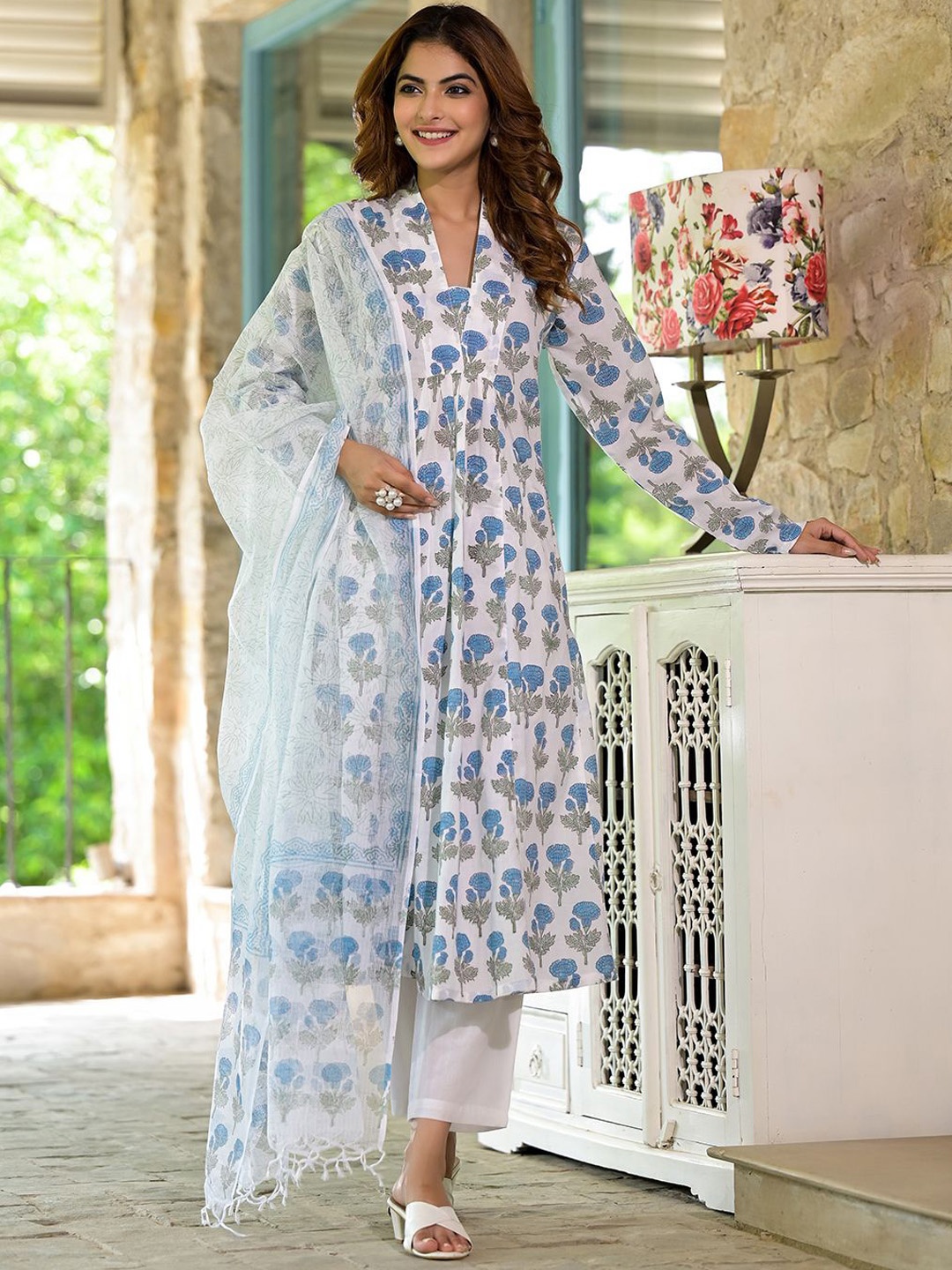 

KALINI Floral Printed Pure Cotton A-Line Kurta With Trousers & Dupatta, White
