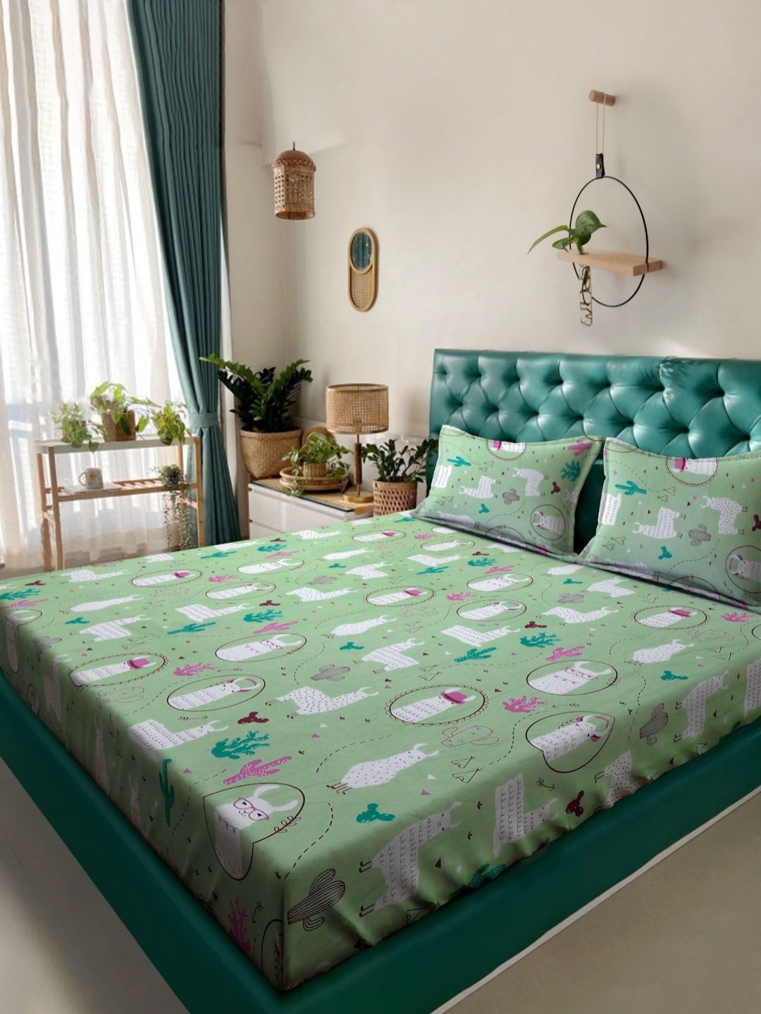 

KLOTTHE Green Printed 400 TC Pure Cotton Double King Bedsheet & 2 Pillow Covers