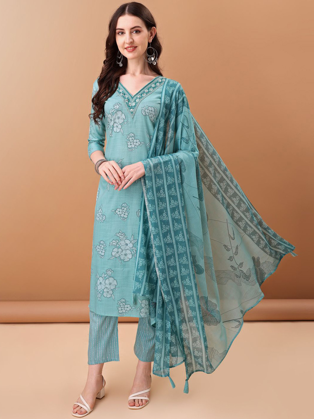 

KALINI Floral Printed V-Neck Sequinned Straight Kurta With Trousers & Dupatta, Blue