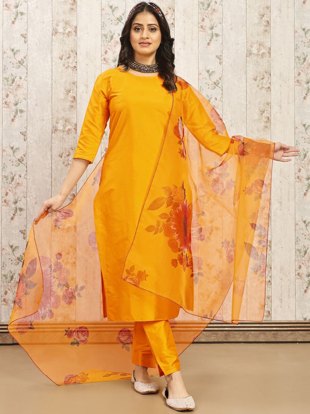 

AYUKTA INTERNATIONAL Floral Printed Round Neck Kurta with Trousers & Dupatta, Mustard