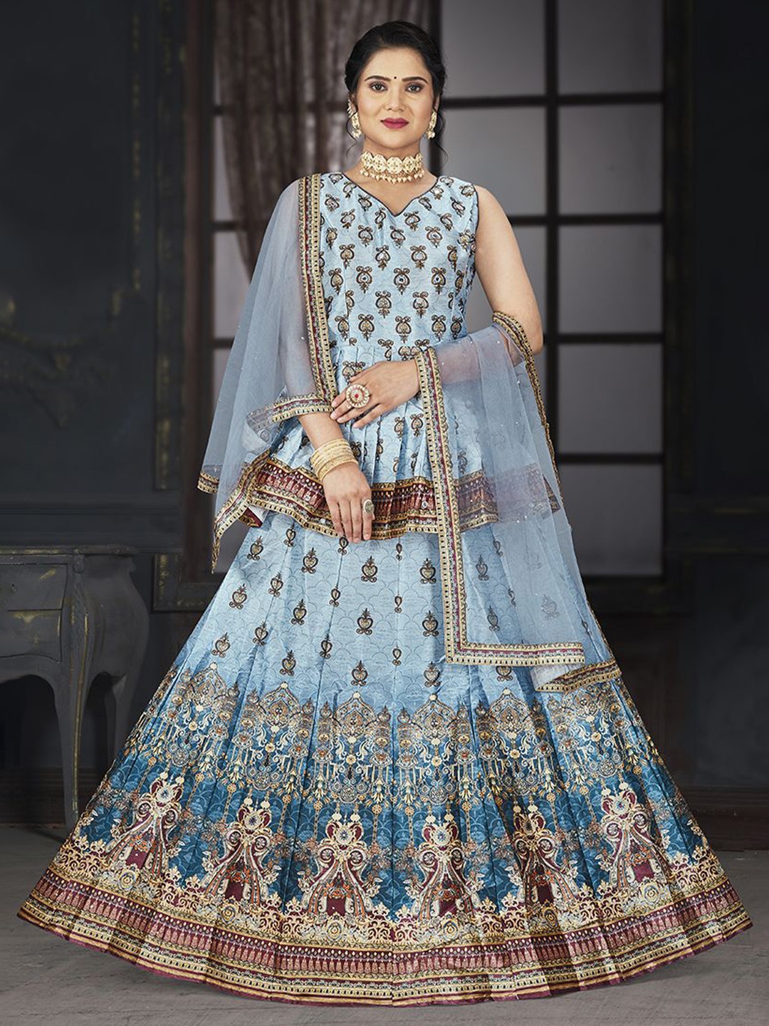 

EthnicTree Printed Beads and Stones Ready to Wear Lehenga & Blouse With Dupatta, Grey