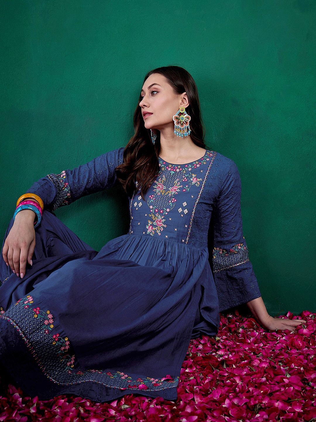 

Sangria Embroidered Pure Cotton Kurta With Trouser, Blue