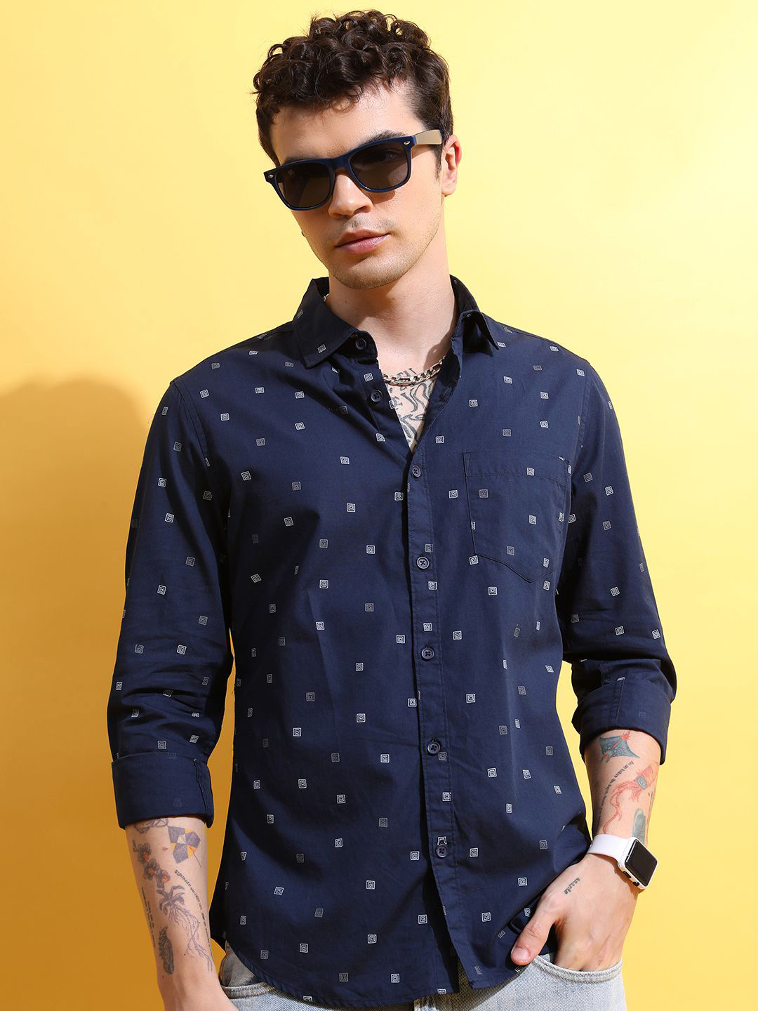 

HIGHLANDER Men Slim Fit Opaque Printed Casual Shirt, Navy blue